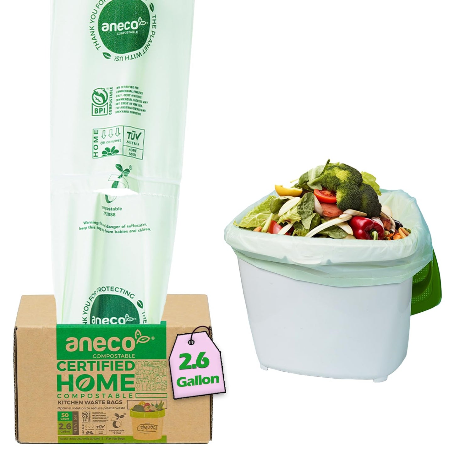 ANECO 100% Compostable Waste Bags 2.6 Gallon, Extra Thick Kitchen Small Compost Bags for Countertop Bin (100 Count)