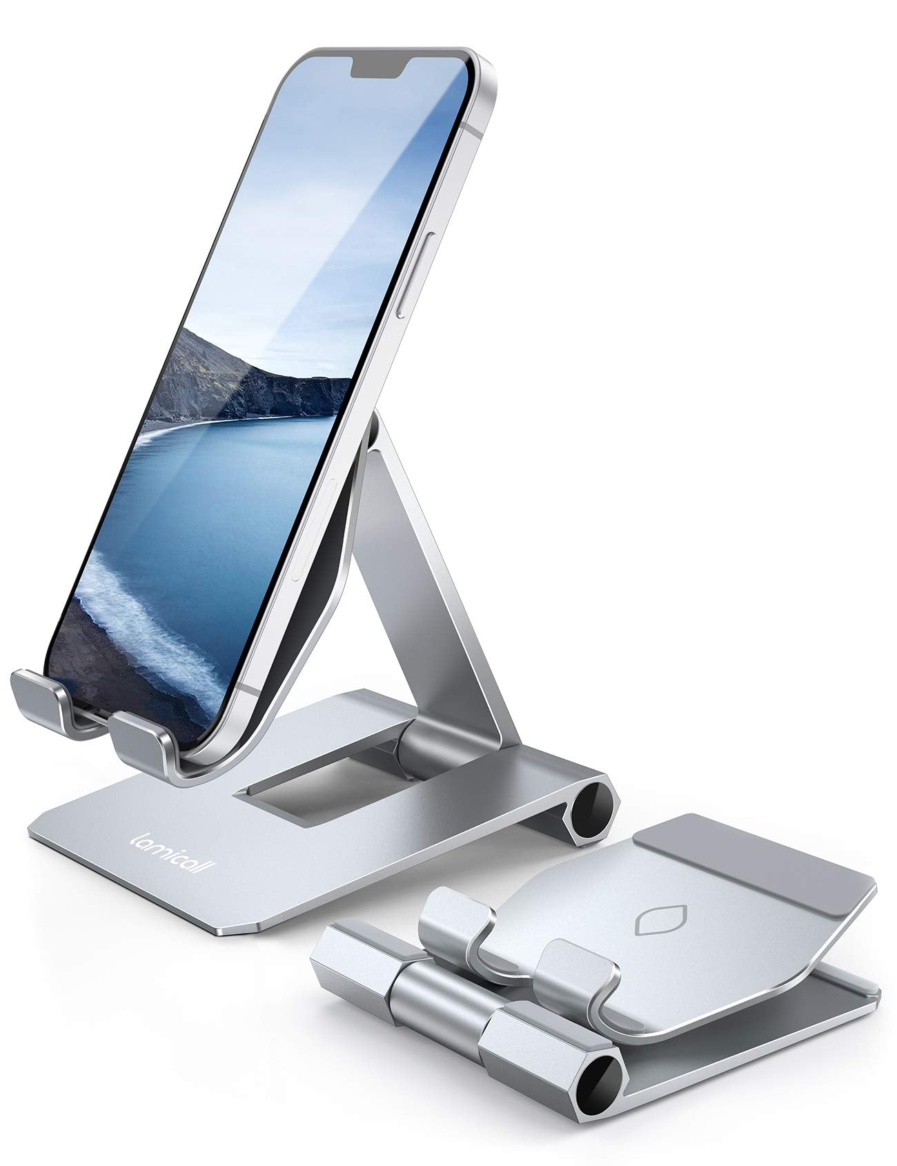 Lamicall ๐ฎ๐ฌ๐ฎ๐ ๐๐ฉ๐ ๐ซ๐๐๐๐ Adjustable Cell Phone Stand for Desk - Foldable Aluminum Desktop Phone Holder Cradle Dock, Compatible with Phone 15 14 13 12 Mini 11 Pro Xs (4-11'') - Grey