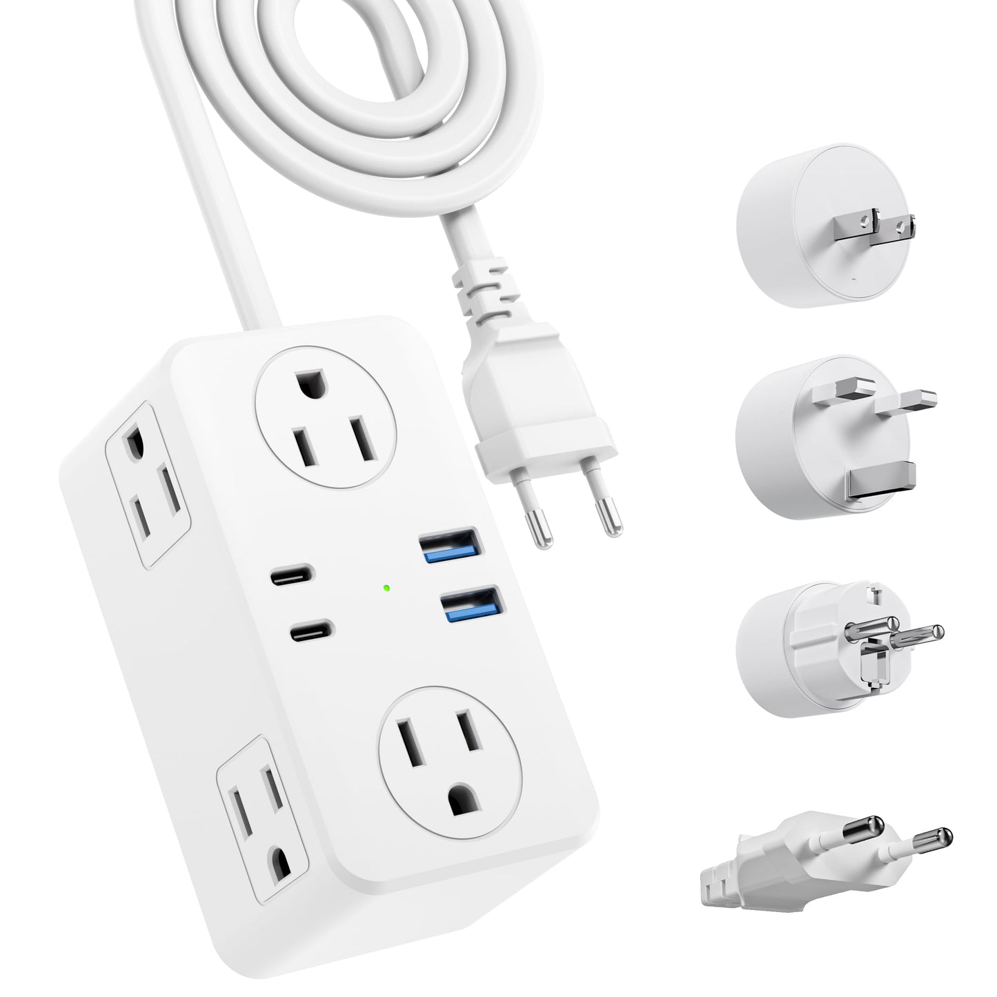 European Travel Plug Adapter, EU/UK/US Travel Plug Adapter Power Strip, 6 AC Outlets, 4 USB Ports (2 USB C), 3ft Wrapped Around Extension Cord, Universal Travel Adapter