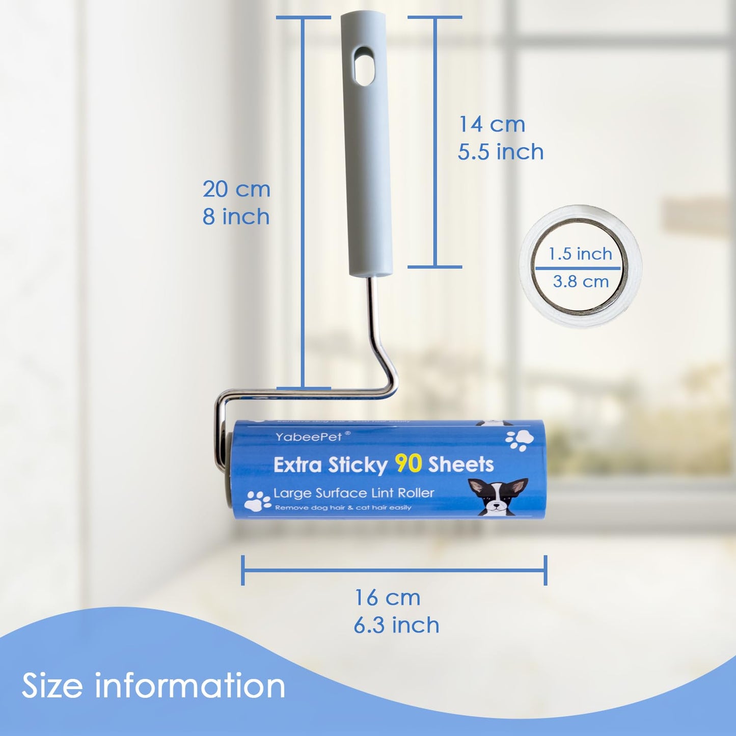 YabeePet Extreme Sticky Large Surface Lint Roller, 6.3'' Giant Pet Hair Remover Roller for Pet Dog Cat Hair, Clothes&Furniture Cleaning, 90 Sheets (1 Roller + 2 Refills)