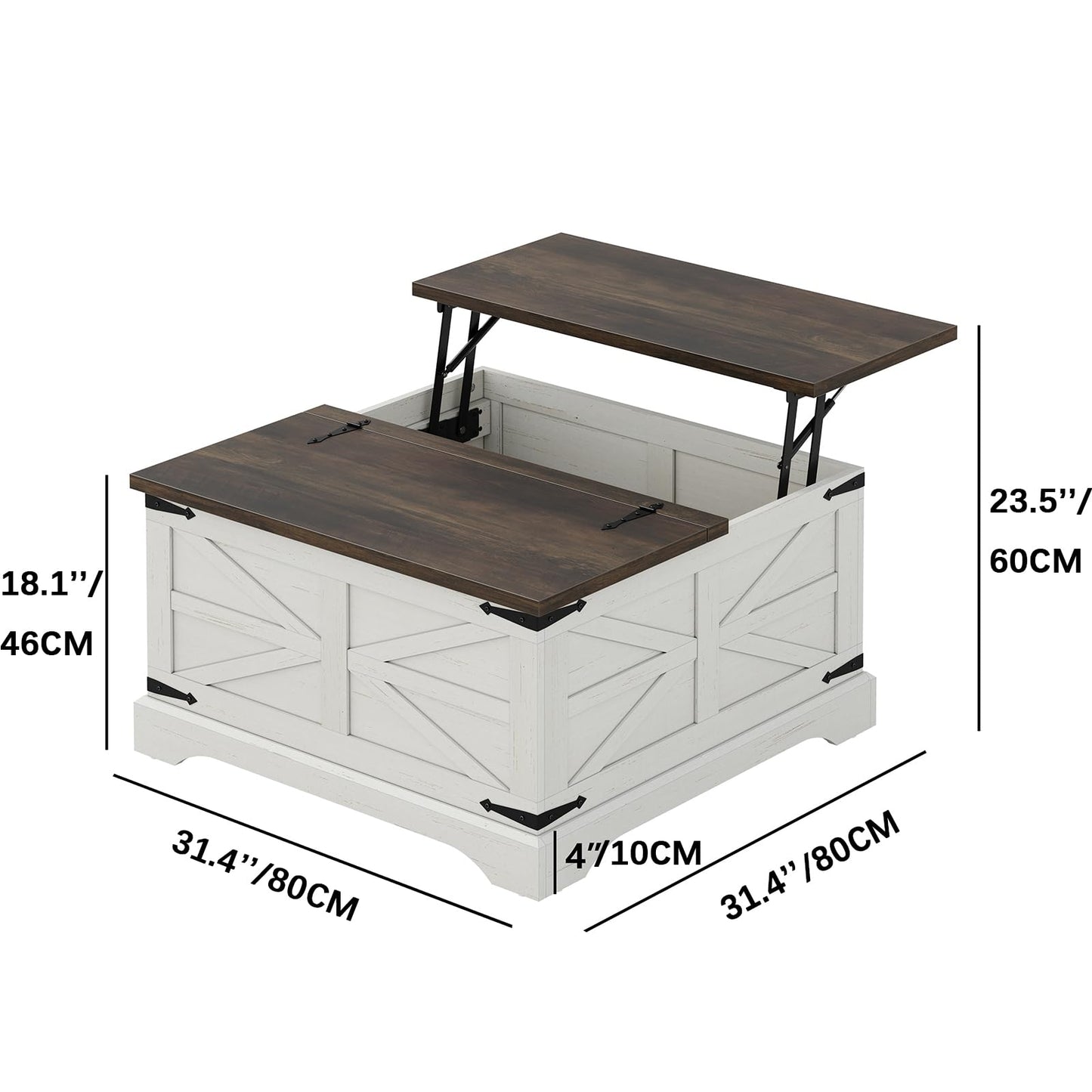 Furnideco Farmhouse Lift Top Coffee Table, Square Wood Center Table with Large Hidden Storage Compartment for Living Room, Rustic Cocktail White Modern Table with Hinged Lift Top, Brown Top