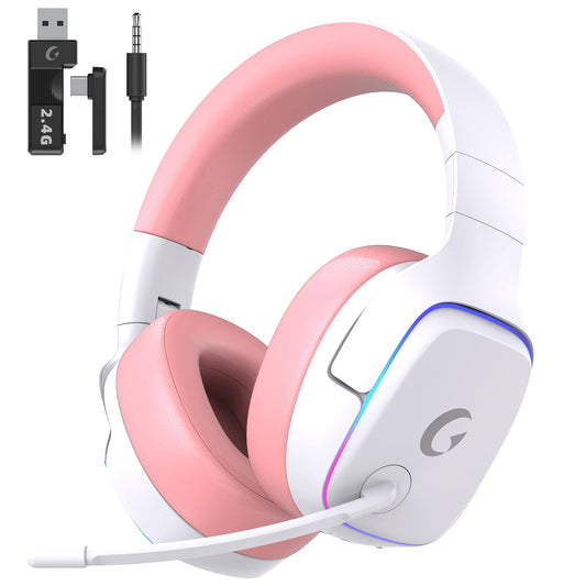 2.4GHz Wireless Gaming Headsets for PS5, PS4, PC, Switch - Bluetooth 5.3 Gaming Headphones with Noise Canceling Mic, 7.1 Surround Sound, 70H Battery, Blue Lighting - White
