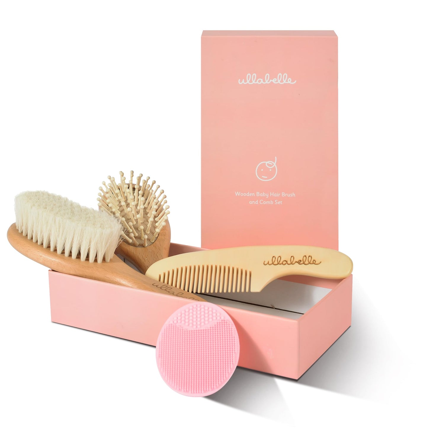 4 Piece Wooden Baby Hair Brush and Comb Set for Newborns & Toddlers in Chic Gift Box - Ultra Soft Natural Goat Hair and Wood Baby Brush Set Prevents Cradle Cap - Perfect Registry Gift (Pink)