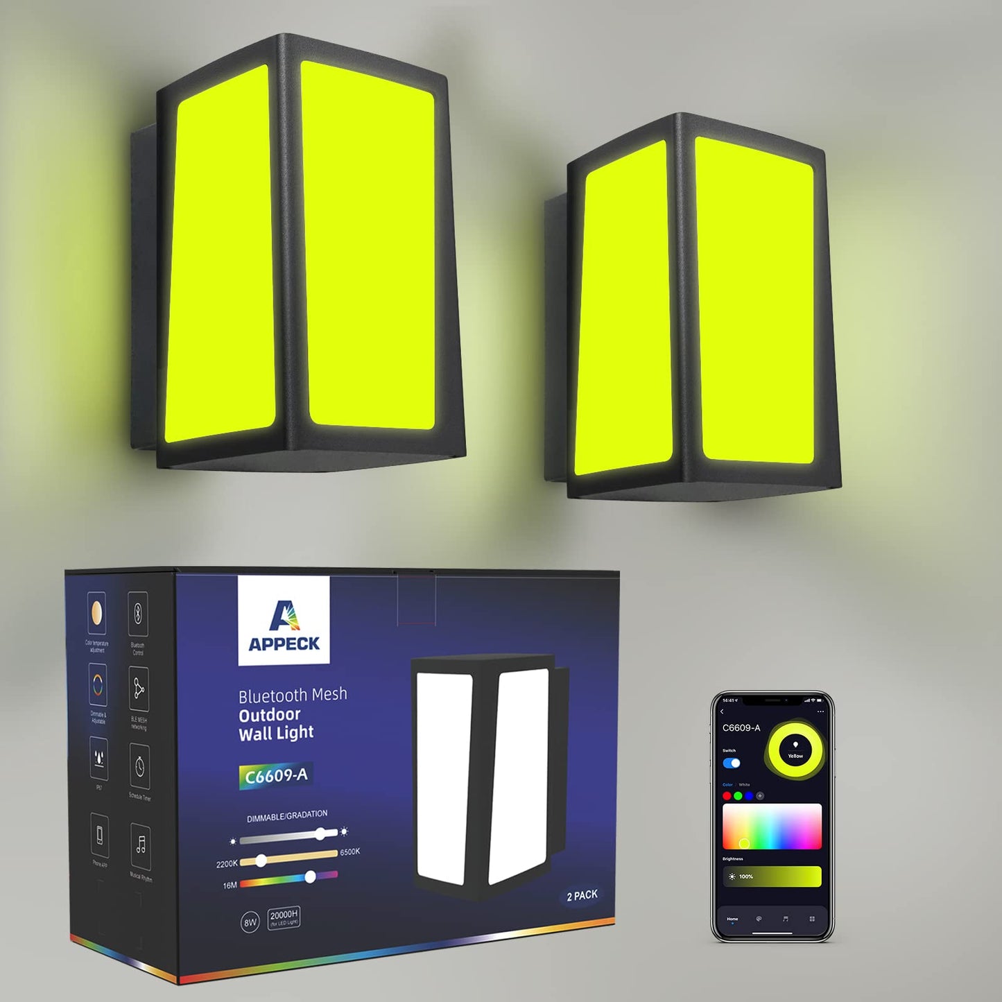 APPECK Outdoor Wall Light 2 Pack, 16W Modern Wall Lamp IP67 Waterproof Wall Sconce, RGBCW 16 Million Colors Exterior Wall Light Fixture for Garage Walkway Backyard Garden