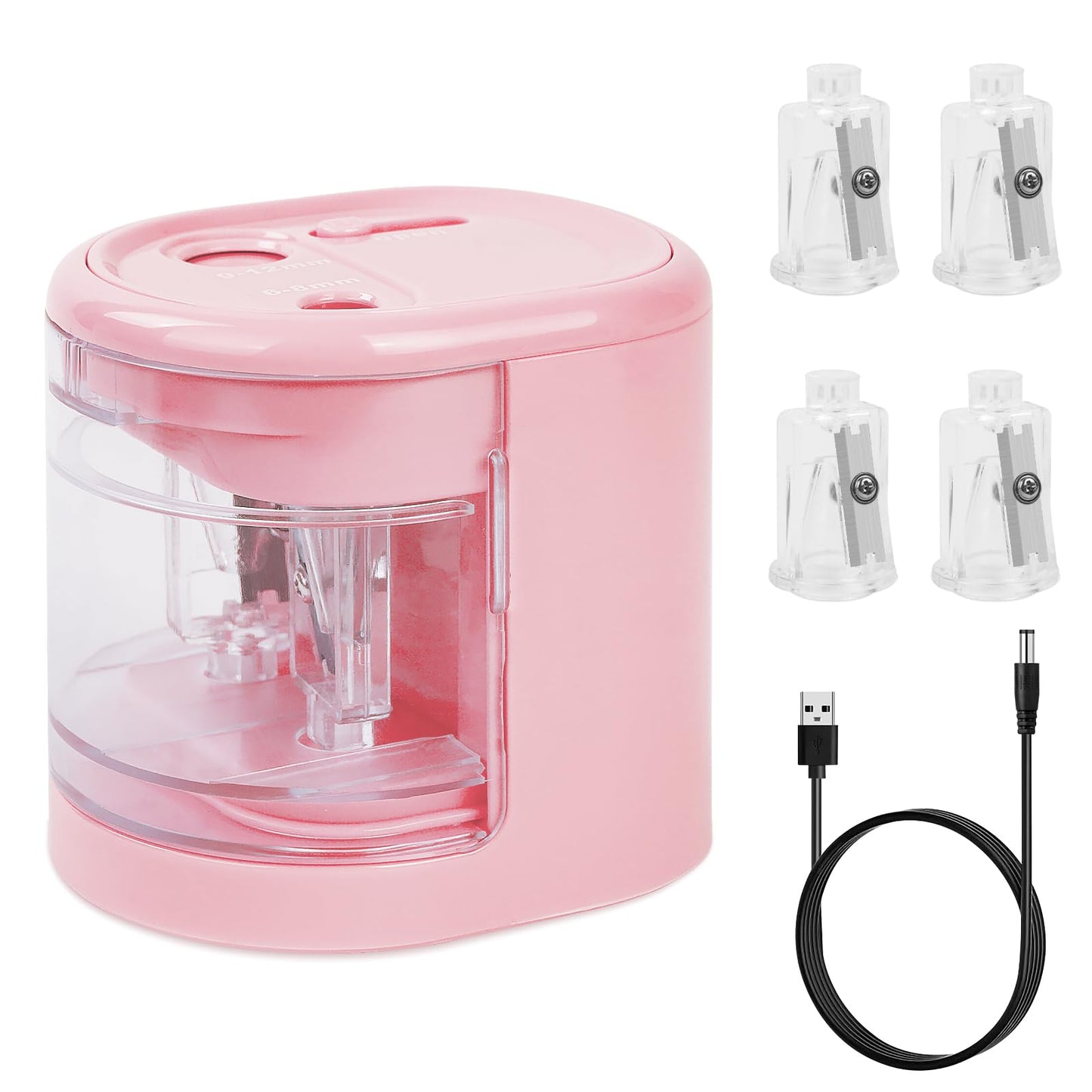 AUAUY Automatic Electric Pencil Sharpener with 2 Hole Sizes, Battery Operated with 4 Knife Holders & Charger, for Standard & Makeup Pencils (Pink)