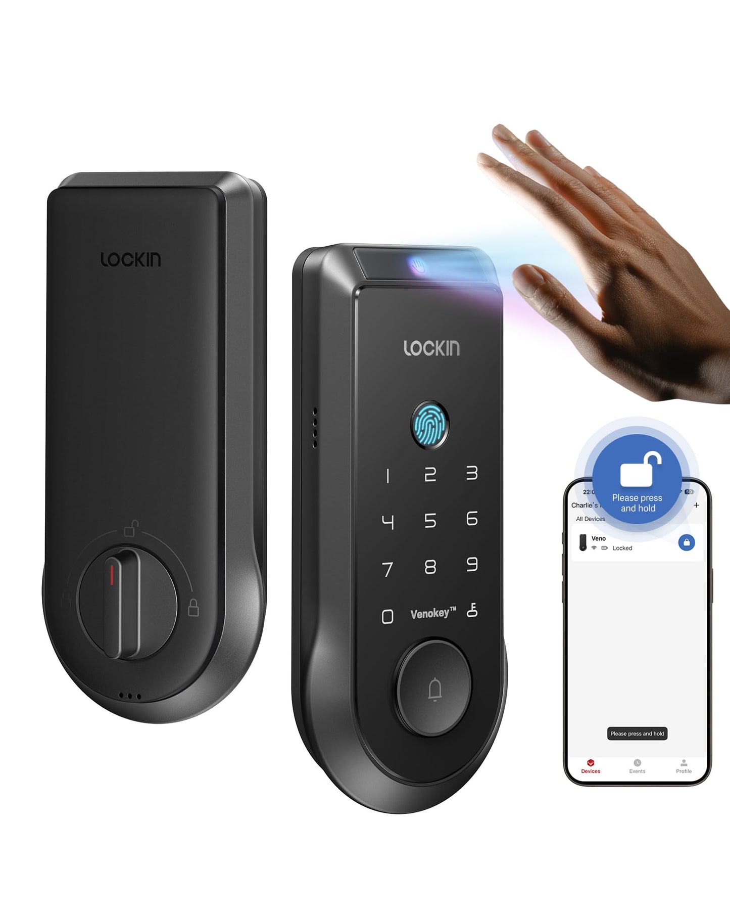 Lockin Veno Smart Lock with Palm Vein, Keyless Entry Smart Locks for Front Door with Doorbell, Fingerprint Lock Built-in WiFi, App Remote Control, 7-Month Battery Life, IP65 Waterproof