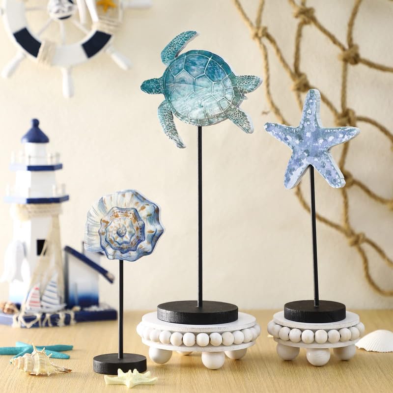 Maitys 3 Pcs Summer Ocean Tabletop Decor Standing Sea Turtle Lemon Ladybug Easter Bunny Block Wooden Table Centerpiece Sign Coastal Beach Nautical Table Decor for Home Kitchen(Ocean)