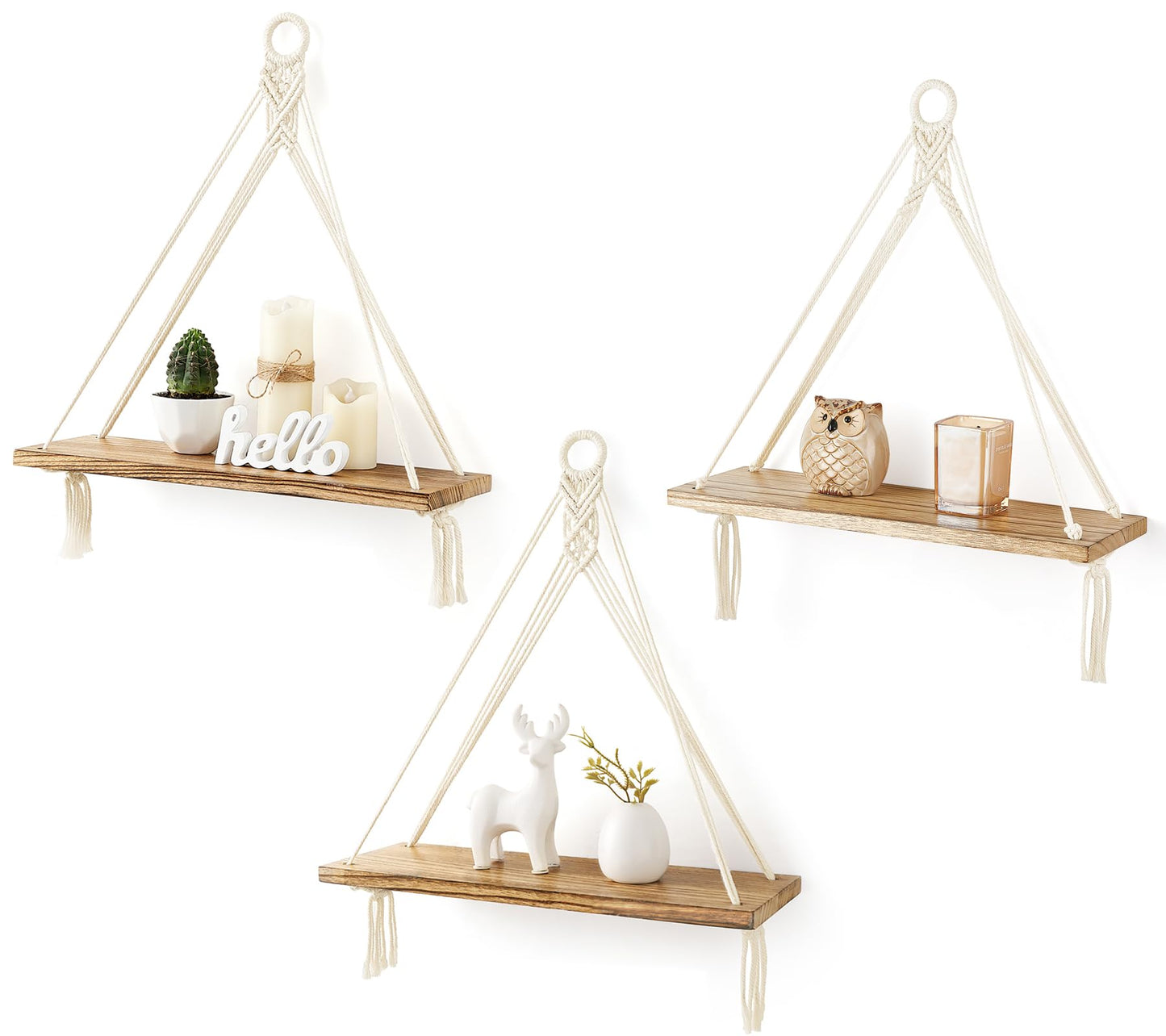 Mkono Macrame Hanging Shelves Boho Wall Decor Set of 2 Rustic Wood Floating Storage Shelf for Bedroom Bathroom Living Room Nursery Dorm Room, Display Shelving for Hanging Plants Photos