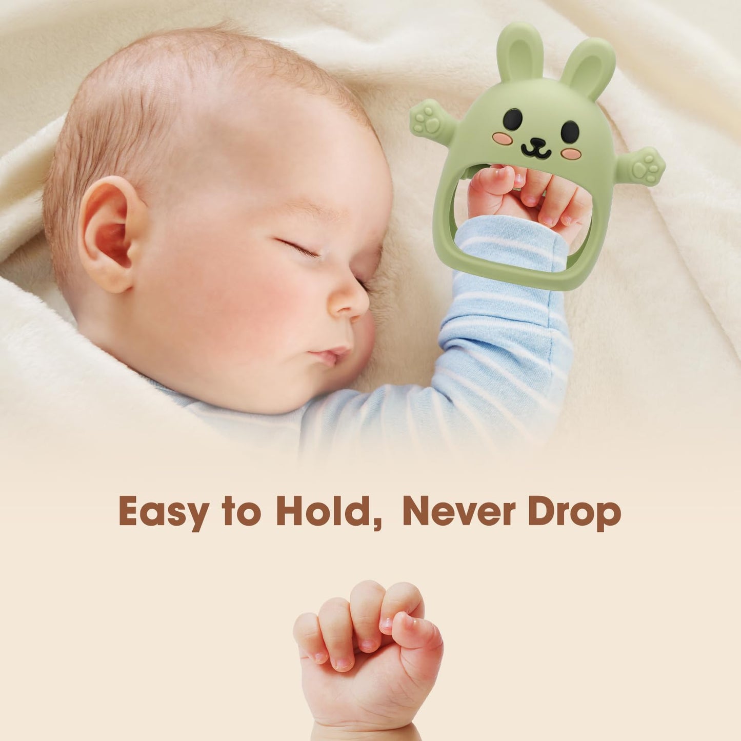 2 Pack Baby Teething Toy for 3-6 6-12 Months, Silicone Bunny Teething Mitten, Anti Drop Wrist Hand Baby Teethers 0 3 6 9 12 Months for Babies Sucking Needs (Light Pink & Green)