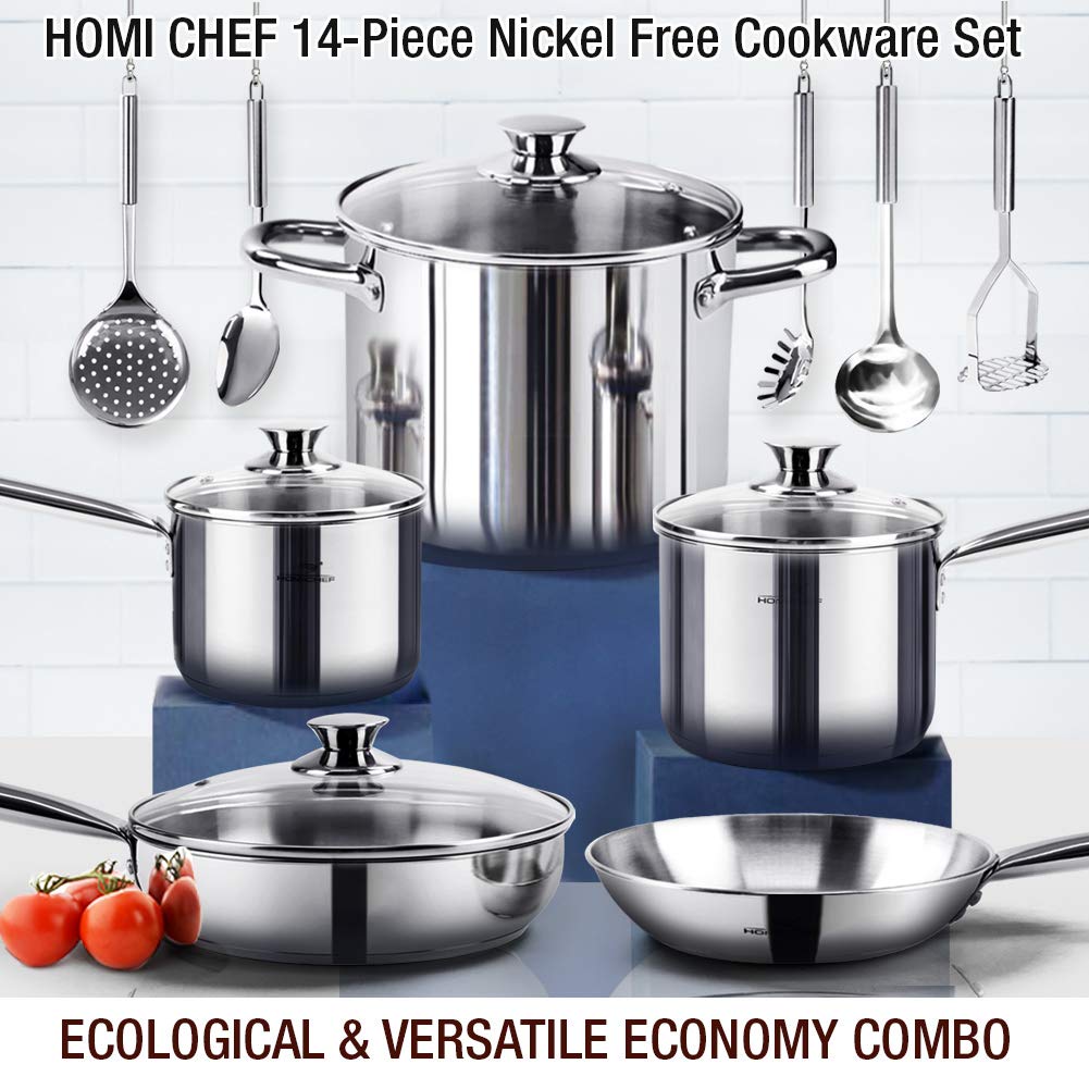HOMICHEF 14-Piece Nickel Free Stainless Steel Cookware Set - Nickel Free Pots and Pans Set - Non-Toxic, Healthy Induction Cookware