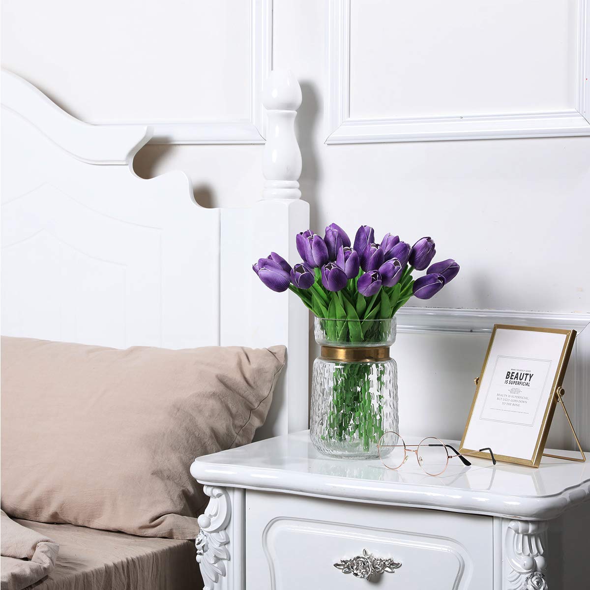 Nubry 30pcs Artificial Tulip Flowers Fake Real Touch Tulips Flower Bouquet for Wedding Arrangements Centerpieces Home Decoration (Purple)