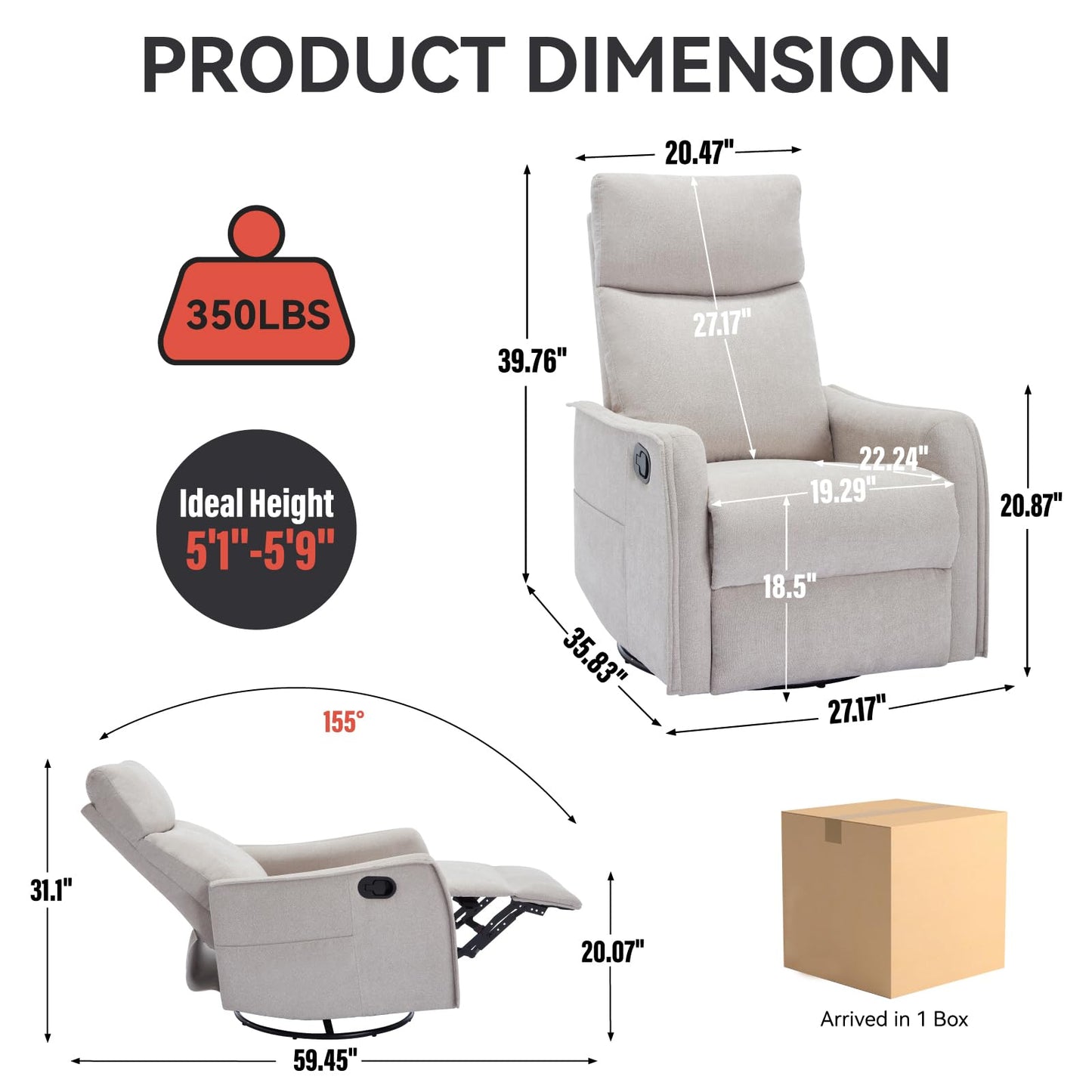 MYEYPEL 360°Swivel in Fabric Reclining Chairs,Heat Massage Manual Recliner Chair,Small Recliners Spaces,Single Lazyboy Recliner Sofa for Living Room,RV,Bedroom,Beige