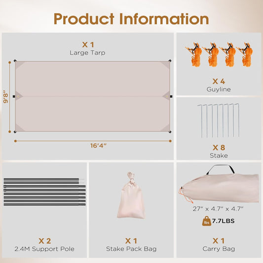 Camping Tarp with Poles, 10 x 16.4 ft Large Camping Awning, Waterproof Tent Tarp, Picnic, Beach, Outdoor Activities, Hammock, Garden, Car