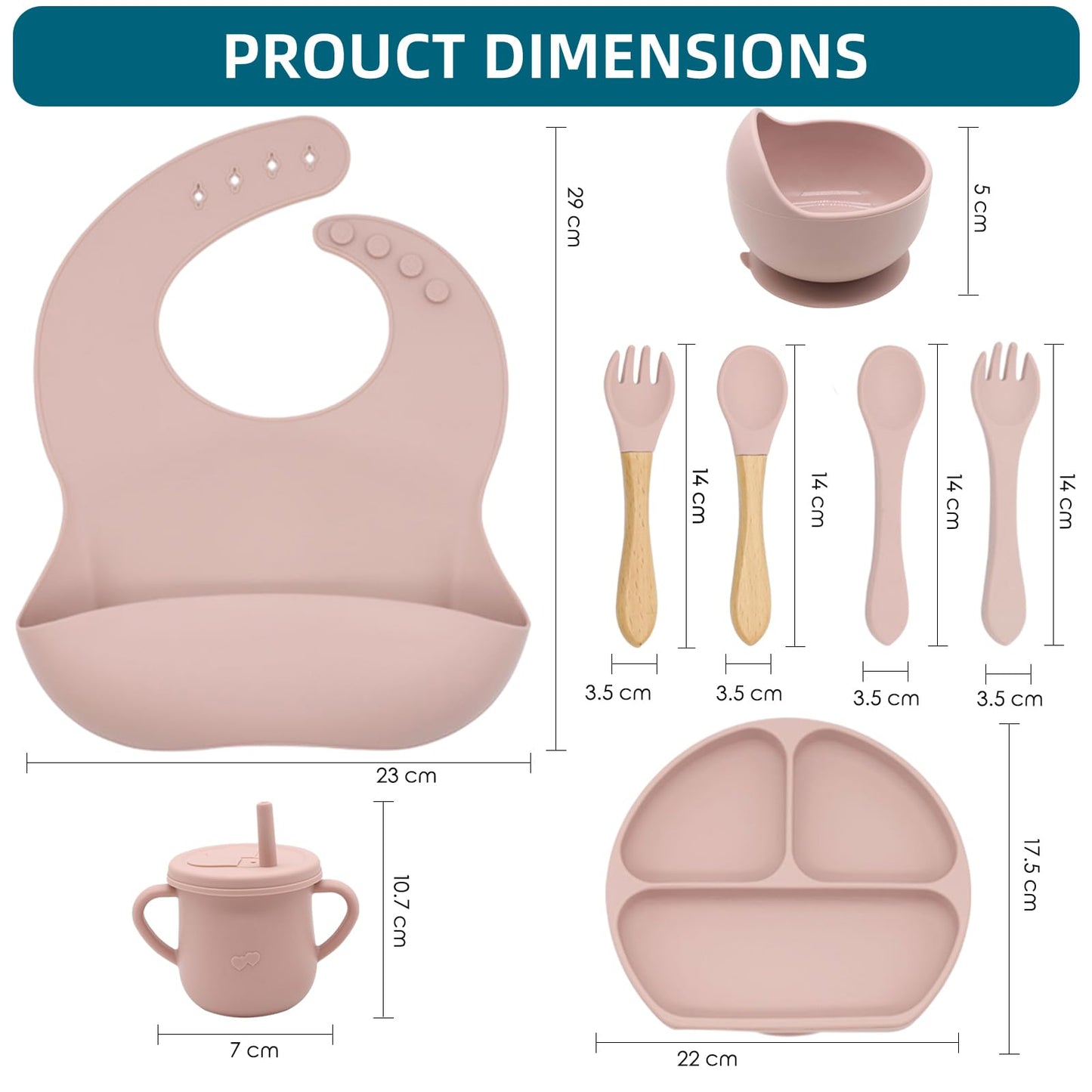 Dormlony 100% Silicone Baby Feeding Set,BPA Free Baby Dishes Set with Suction Bowl Divided Plate,Toddler Self Feeding Dish Set with Spoons Forks Sippy Cup and Bib, Baby Eating Utensils (Pink)