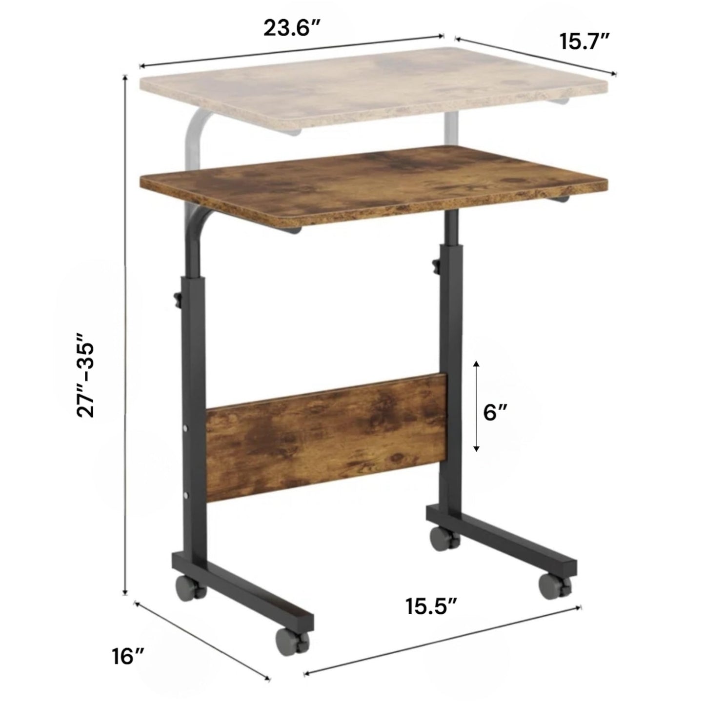 Tinymod Adjustable Mobile C-Shaped Table, 23.6-Inch Portable Laptop Desk with Wheels, Side Table for Bed, Couch, or Office, Rustic Brown