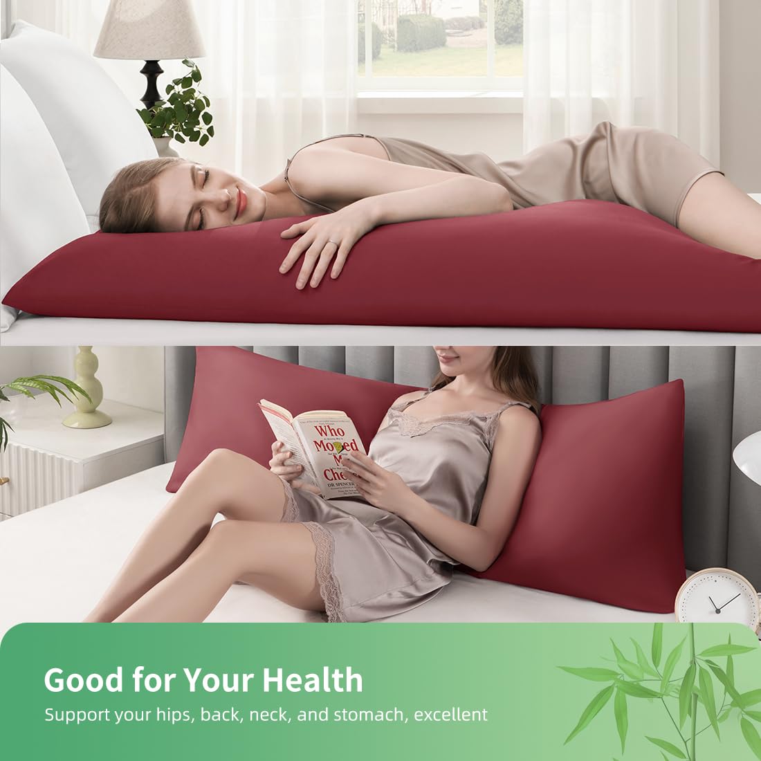 Body Pillowcase, Cooling Viscose from Bamboo Pillow Cover with Zipper Closure, Soft Moisture-Wicking for Hot Sleepers, Hair and Skin-Friendly, Burgundy, 1 Pack