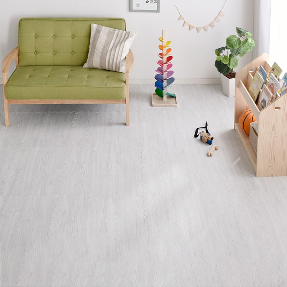 TANSU NO GEN 3/8 Inch Thick Printed Foam Tiles, Wood Grain Interlocking Foam Floor Mats, Anti-Fatigue Flooring, 32 Tiles, Off White, – Produced by Japan. 18710013(97851)