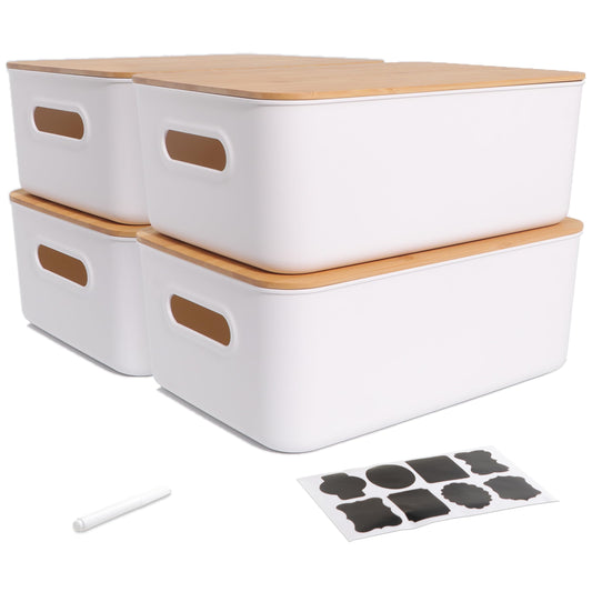Citylife 4 PCS Storage Bins with Bamboo Lids Plastic Storage Containers for Organizing Stackable Storage Box with Handle, 10.23 x 7.08 x 6.3 inch