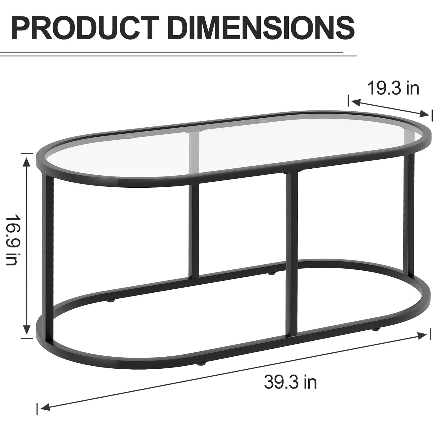 Wolawu Coffee Table Black Glass Coffee Tables for Living Room, Oval Table Center Table with Sturdy Metal Frame,Modern Tempered Glass Accent Tables for Bedroom Home Office
