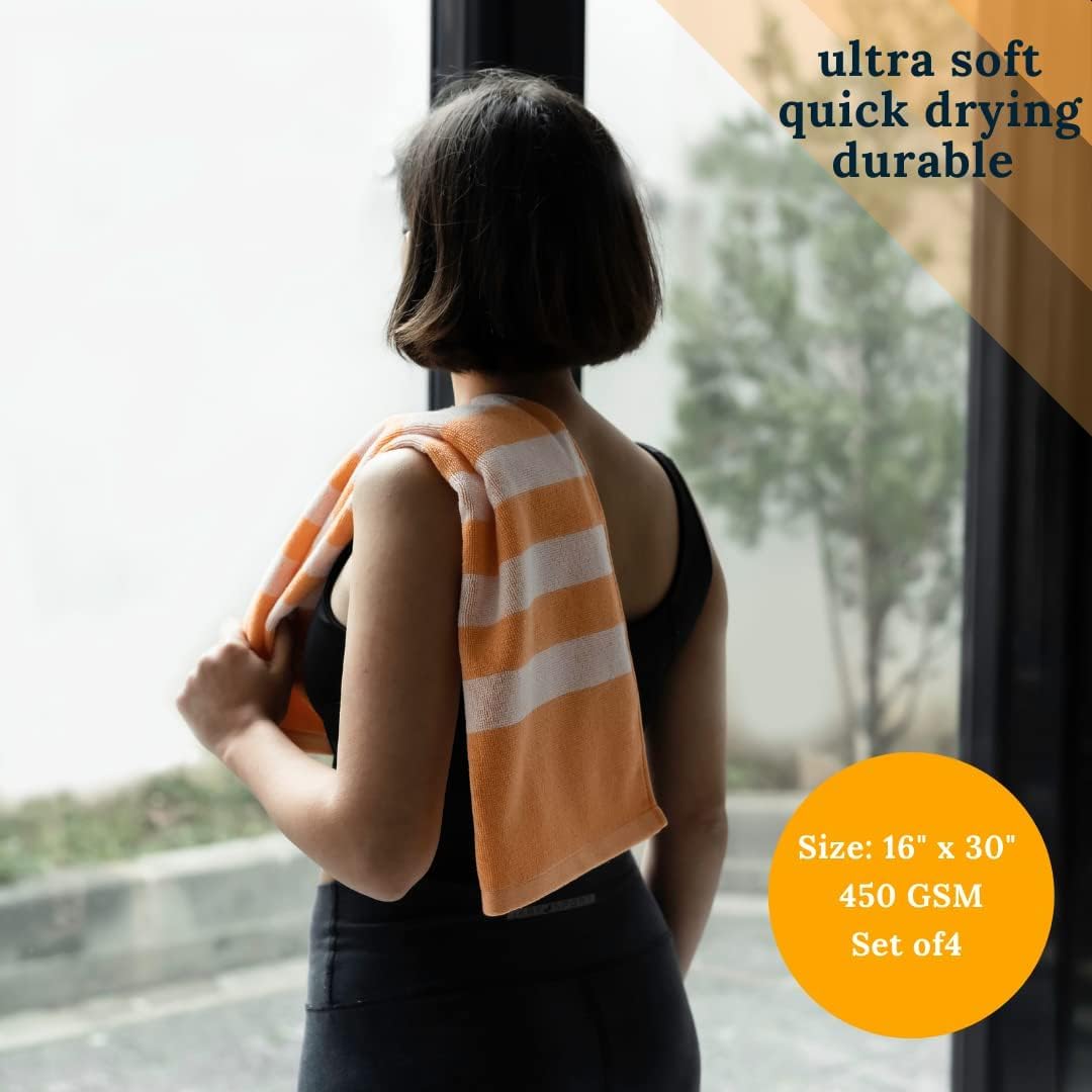 Luzia Striped Workout Towel for Sweat (Pack of 4) - Premium Quality 100% Turkish Cotton - Lightweight and Super Absorbent for Exercise, Sports, Workout, Fitness, Gym, Yoga, Running (Orange)