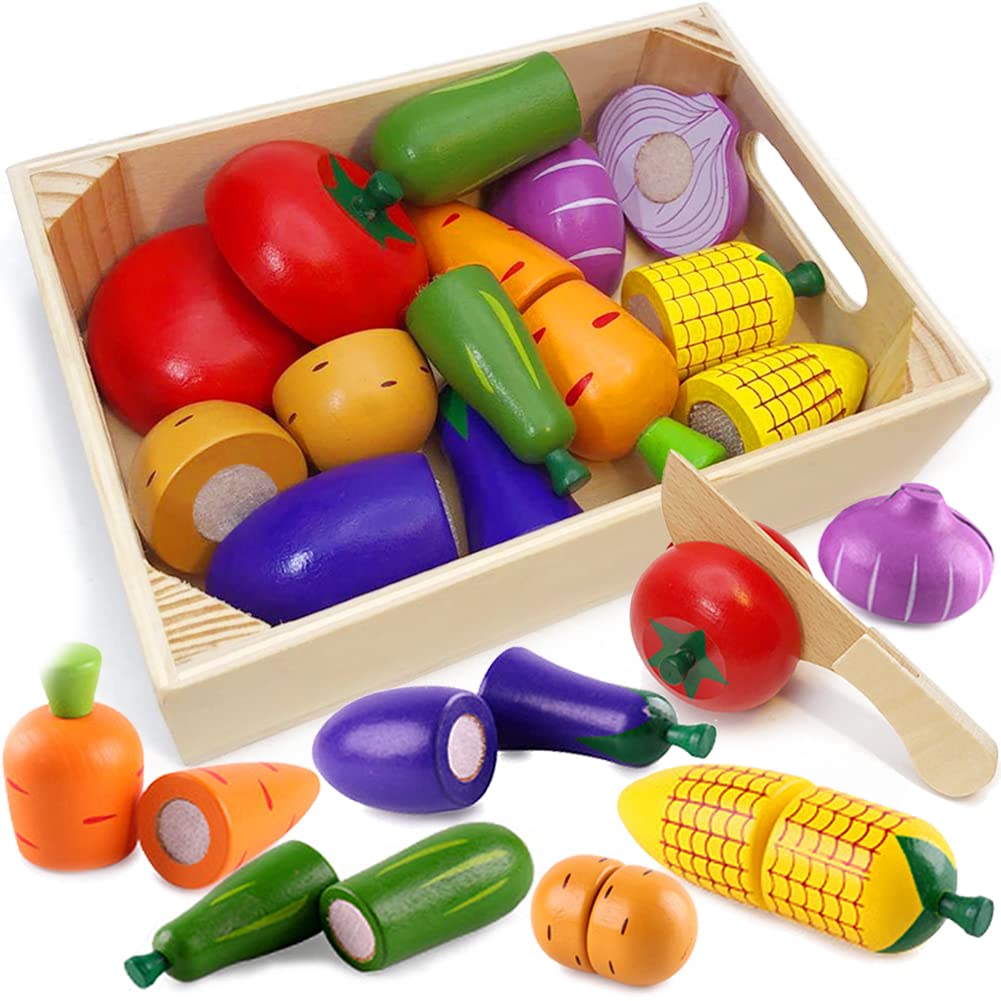 Wooden Play Food for Kids Kitchen Cutting Fruits Toys for Toddlers Pretend Vegetables Gift for Boys Girls Educational Toys