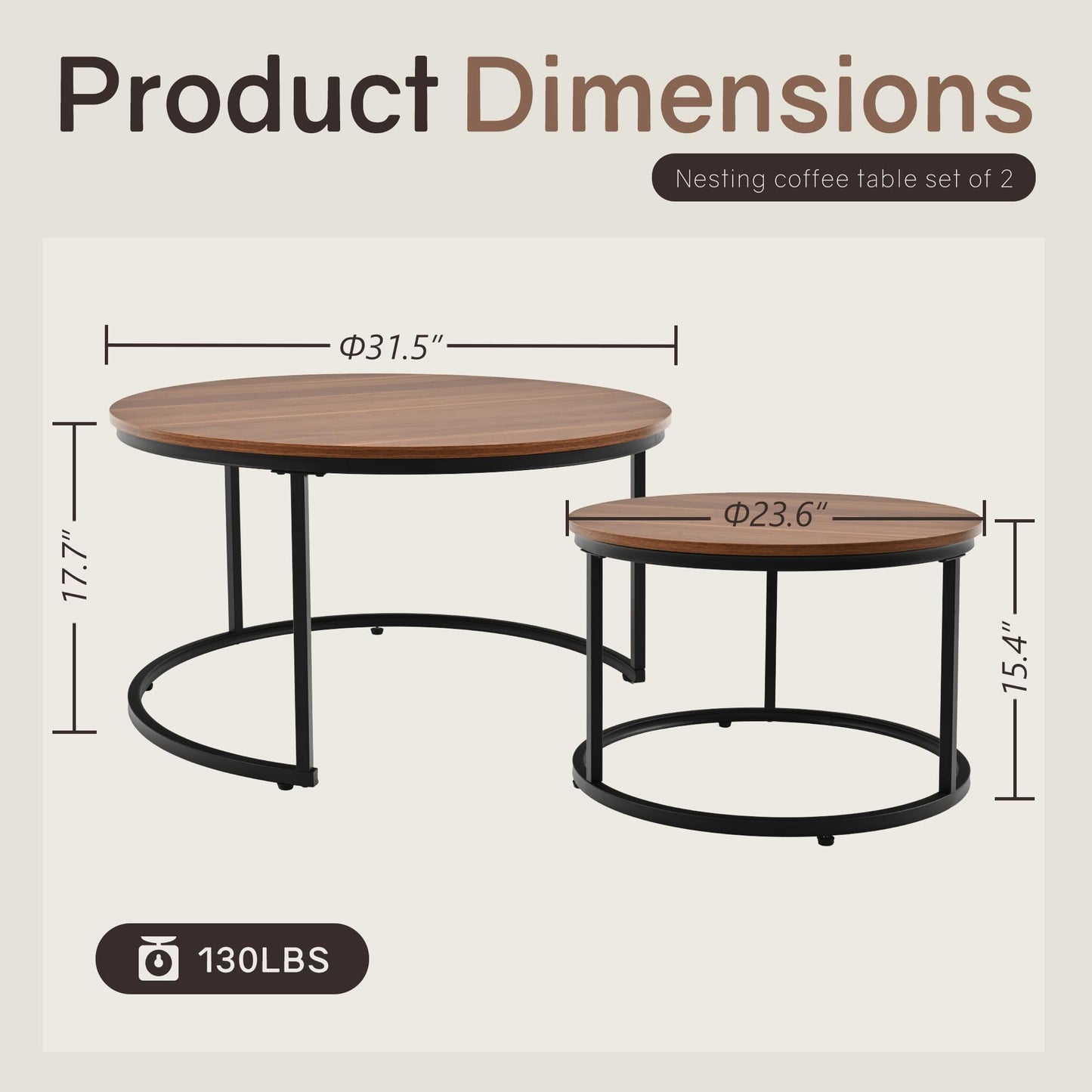 Otterease Nesting Tables Set of 2, 31.5" Round Coffee Table, Small Nesting Coffee Table with Adjustable Non-Slip Fee, Wood Grain Top Nesting Tables for Living Room, Bedroom (Wood Grain Brown)