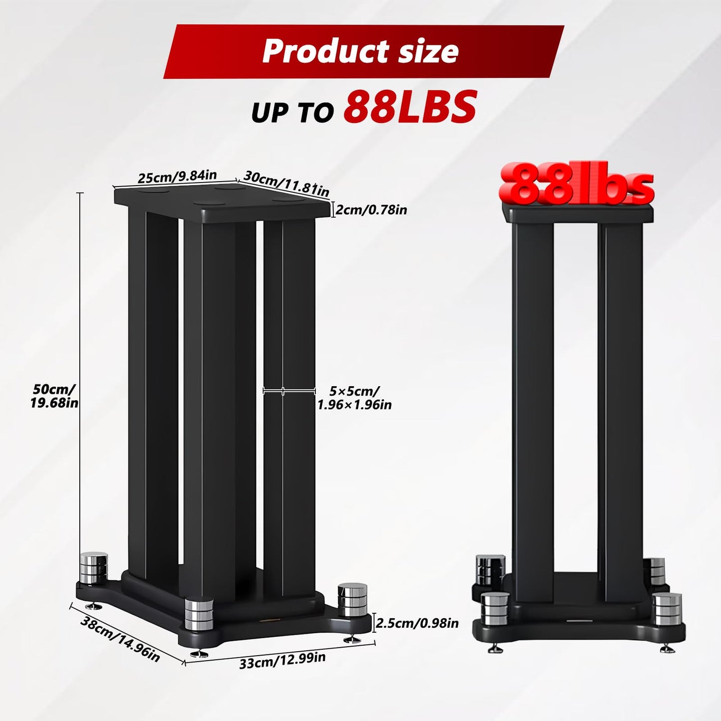A Pair of Universal Speaker Stands, Heavy Duty Speaker Stands Holds Bookshelf Speaker Satellite Speaker Large Speaker, Vibration-Absorbing MDF Design, Holds 88lbs Speaker (Black, 50cm/19.6in)