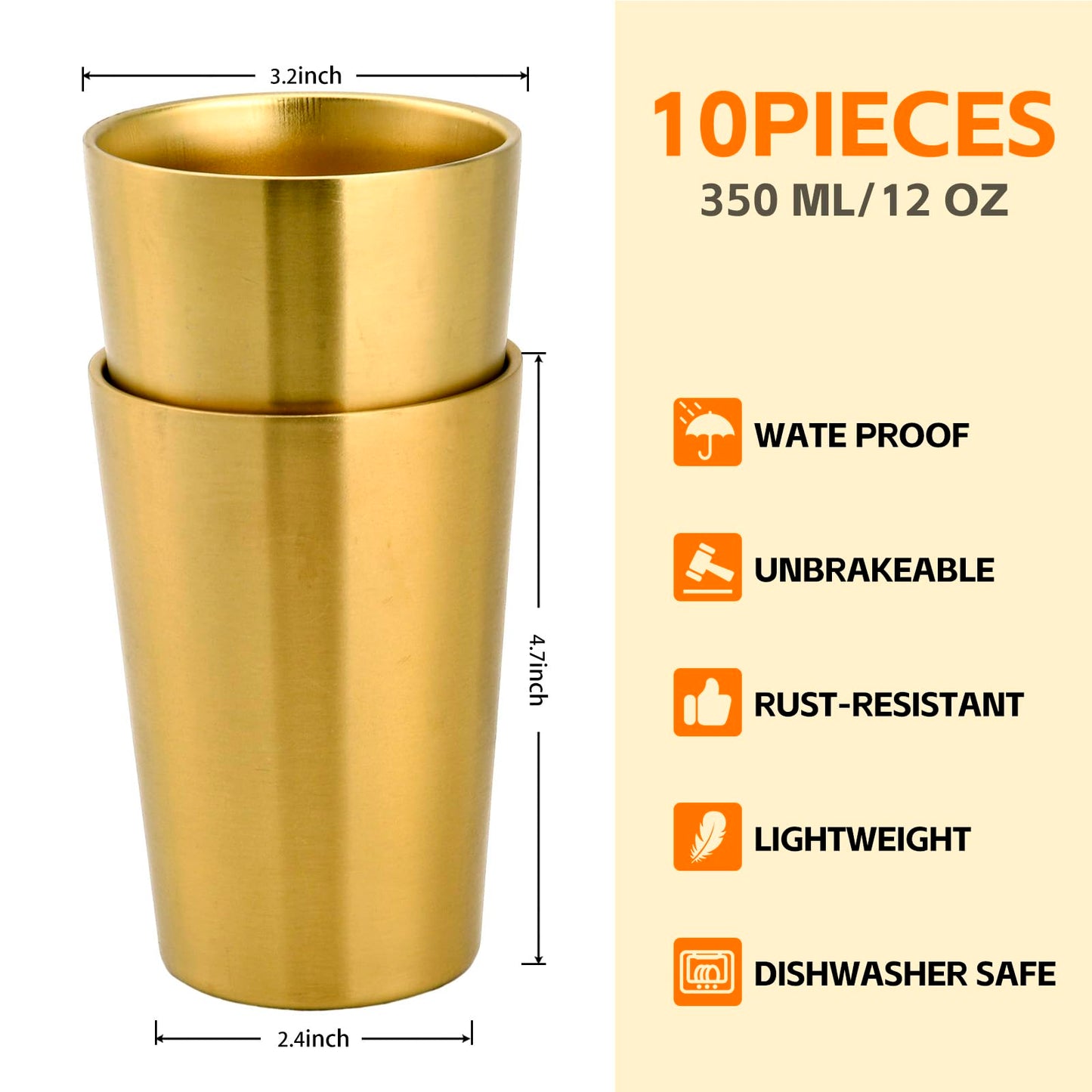 HOEGMST 10 Pack 12 oz Stainless Steel Insulated Cup, Double Wall Vacuum Small Metal Cup, Reusable Camping Cups Unbreakable Indoor Outdoor for Party, Home, Office, BBQ, Gold