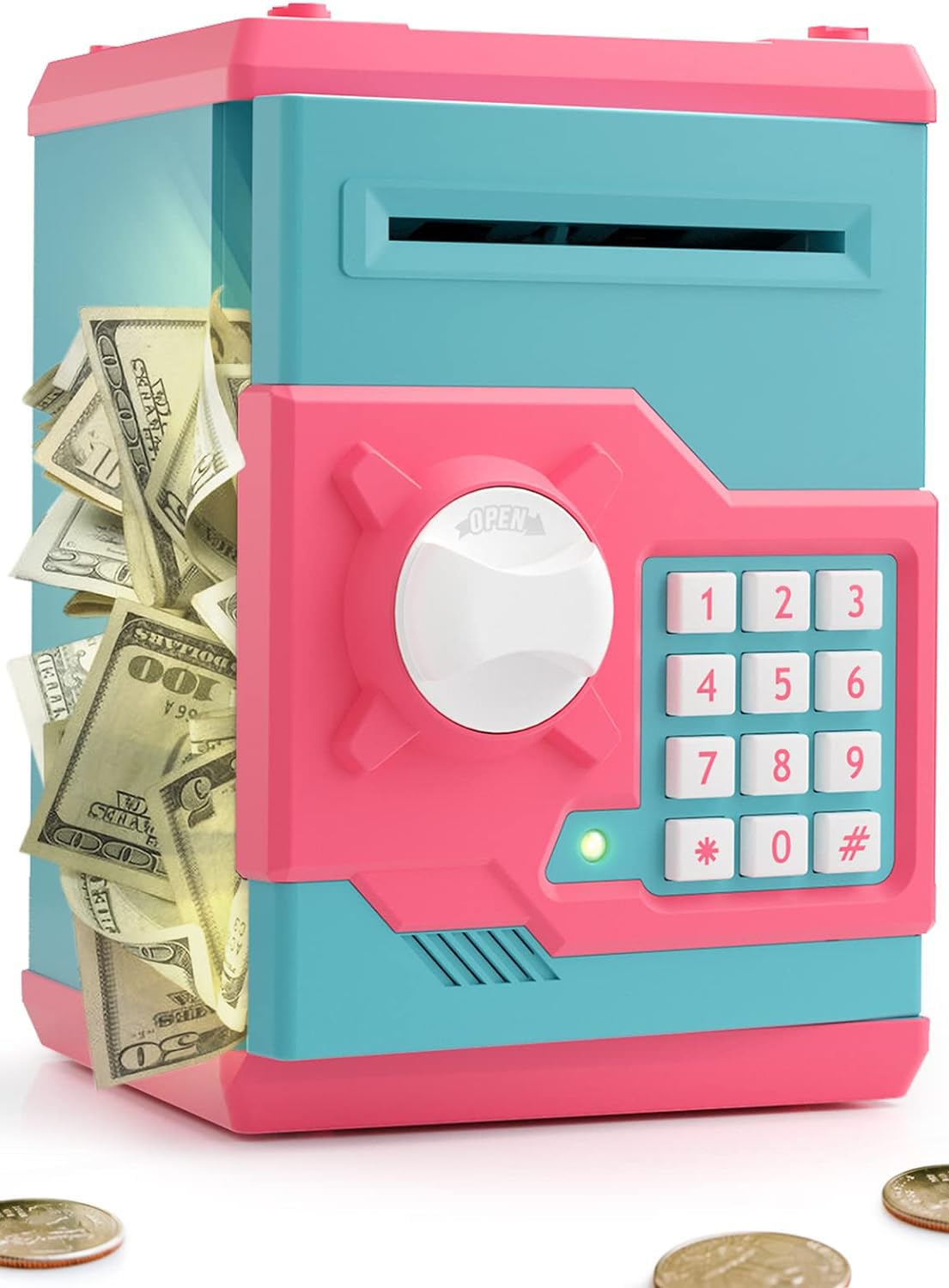 Playsheek Piggy Bank for Girls Boys Large Electronic Money Coin Banks with Password Protection, Automatic Paper Money Scroll Saving Box, Great Gift for Kids(Pink-Blue)