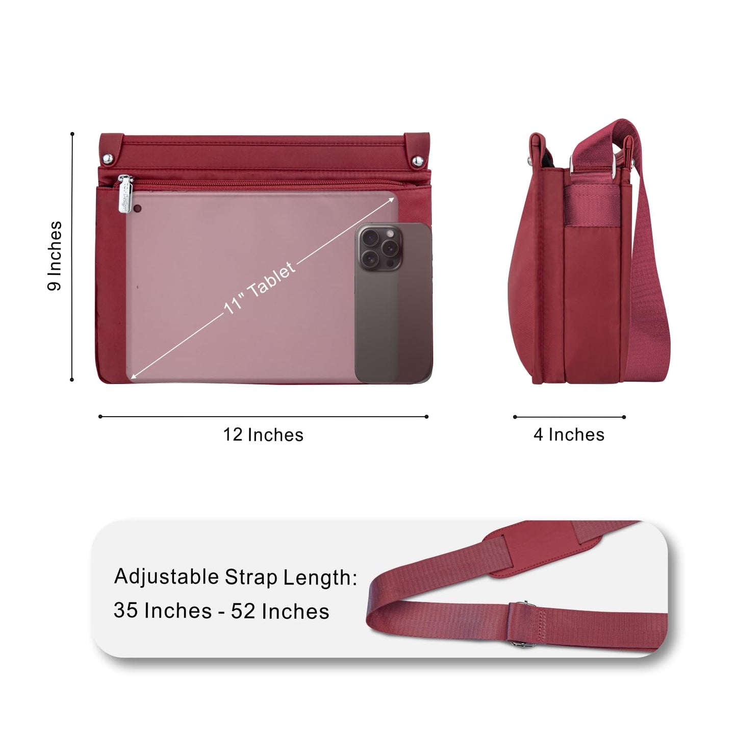 TOPDesign Lightweight Women Crossbody Bag, Shoulder Purse with Multiple Pockets, Triple Zip Handbag with Adjustable Shoulder Strap, Red