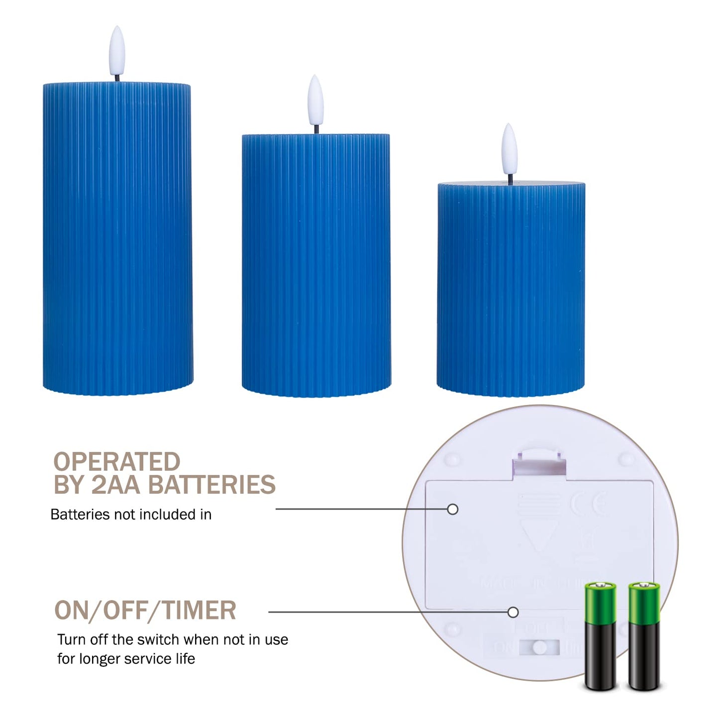 BEMOMENT LED Flickering Flameless Candles, Battery Operated LED Candles with10-Key Remote Control, Set of 3 (Dark Blue)