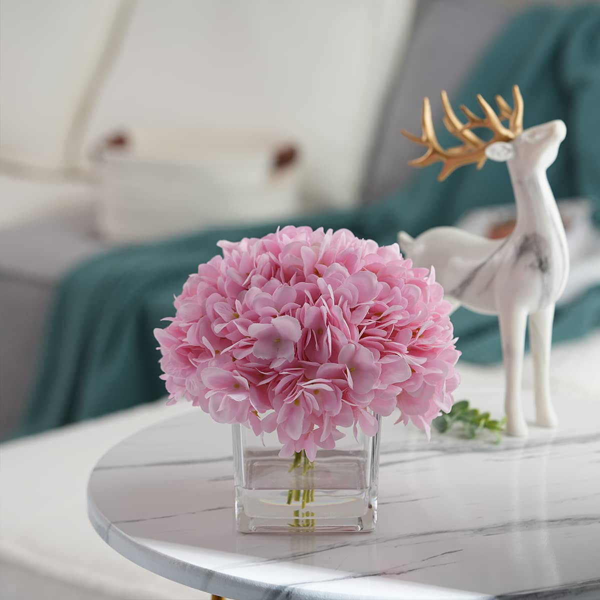 rubystory Silk Pink Hydrangea Artificial Flowers in Vase with Faux Water, Silk Flower Arrangements in Vase for Home Decor, Wedding Table (Pink)