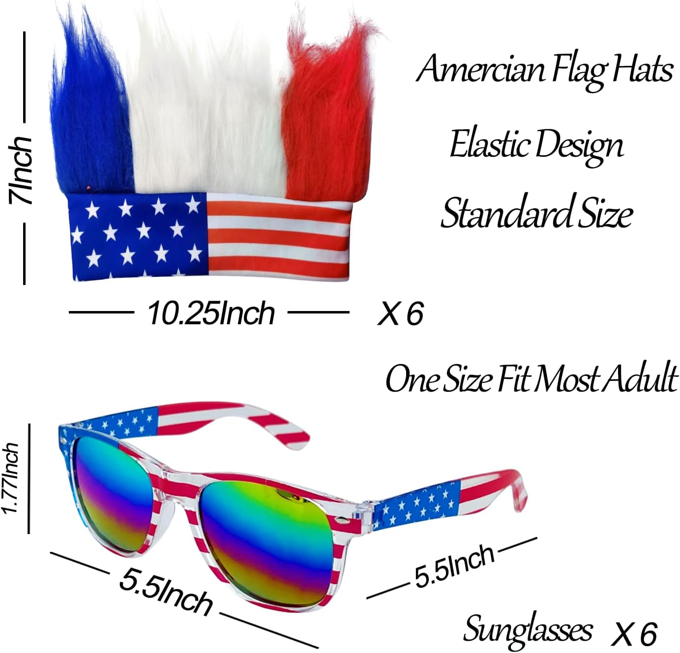 Bulk Memorial Day 4th of July Accessories, Patriotic Red/White/Blue Hat Glasses, 6 American Patriot Flag Hats Patriotic Hairy Headband and 6 American Flags Sunglasses for Costume Party Props
