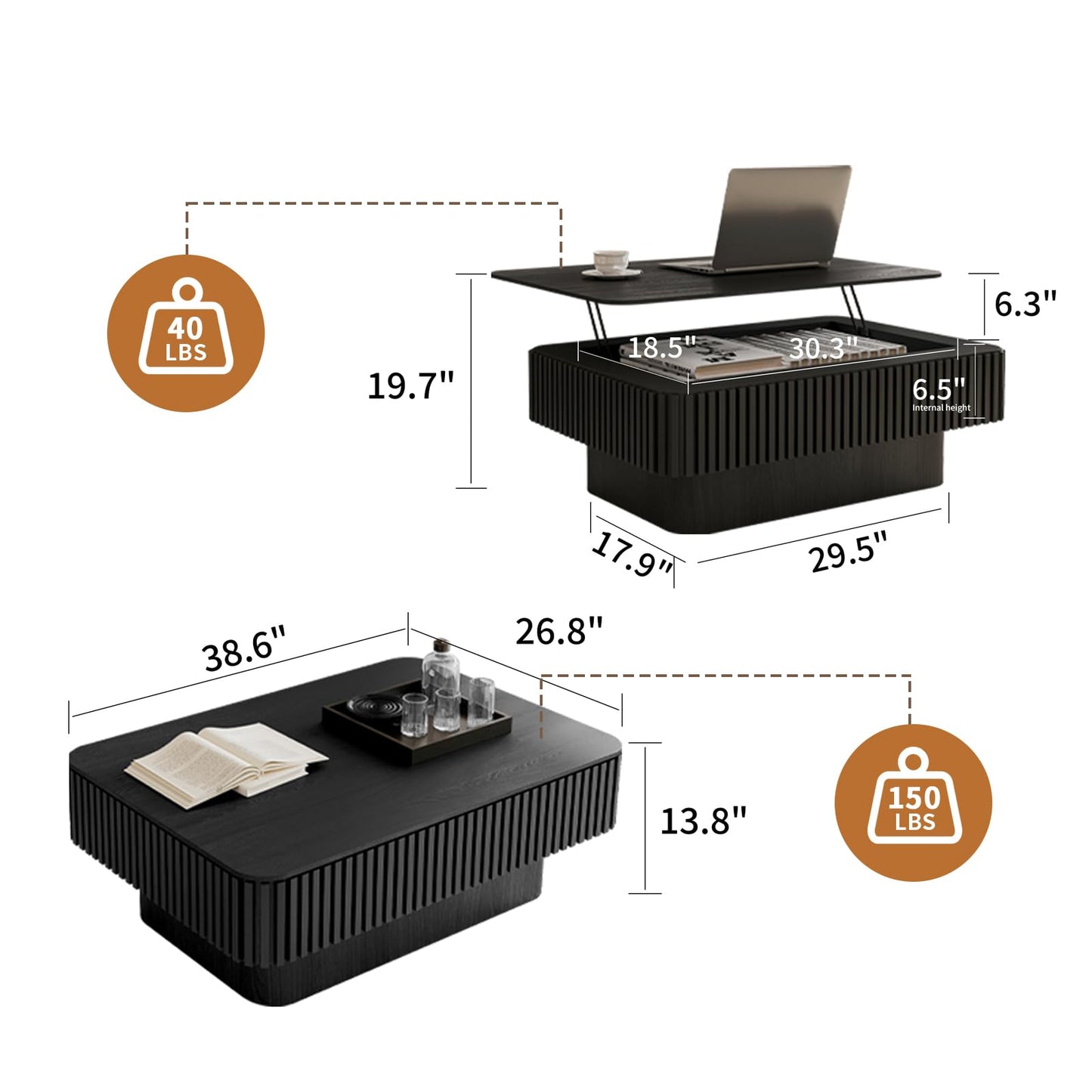 LKTART 38.6''Black Fluted Lift Top Coffee Table Modern Handcraft Drum Wooden Solid Wood Veneer Tea Table for Living Room Apartment(Hidden Storage)