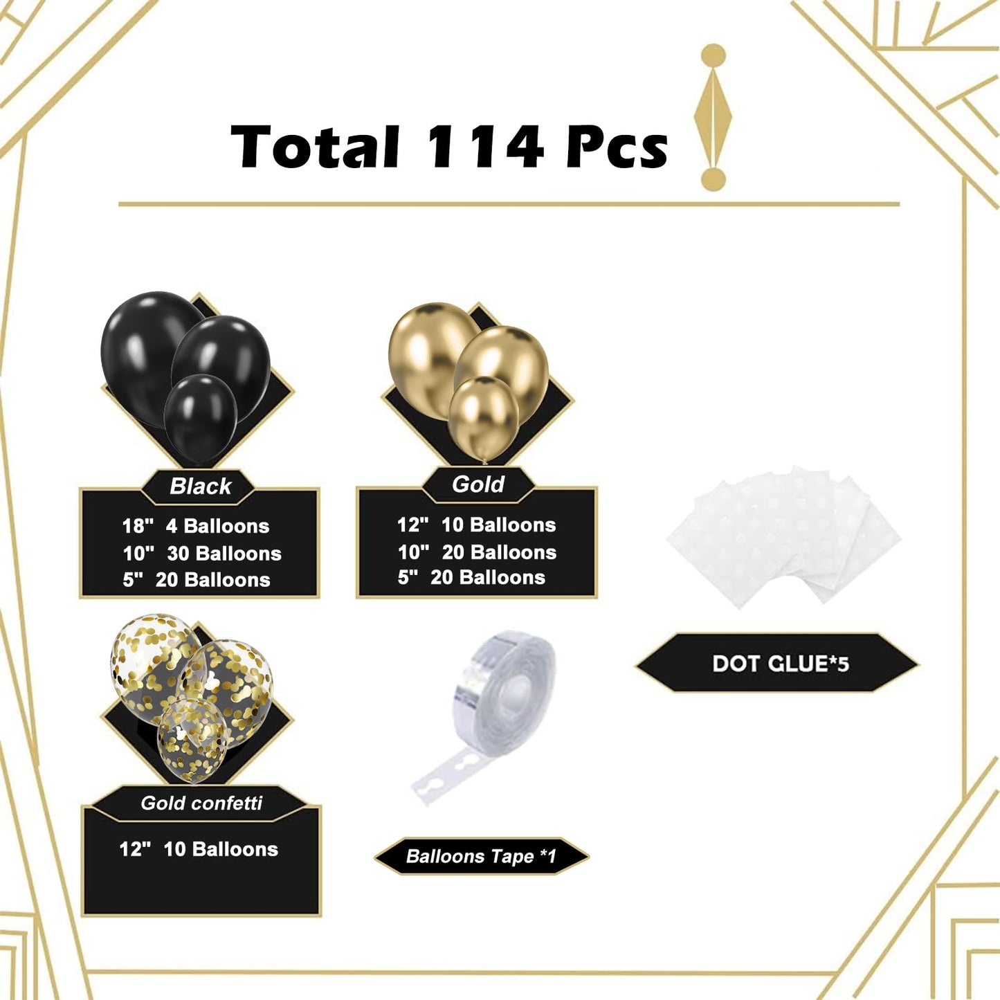 Black and Gold Balloon Garland Kit, 114Pcs Black and Gold Balloons, 4 Size Black Gold Latex Party Balloons for Birthday Decorations, New Years, Wedding, Graduation