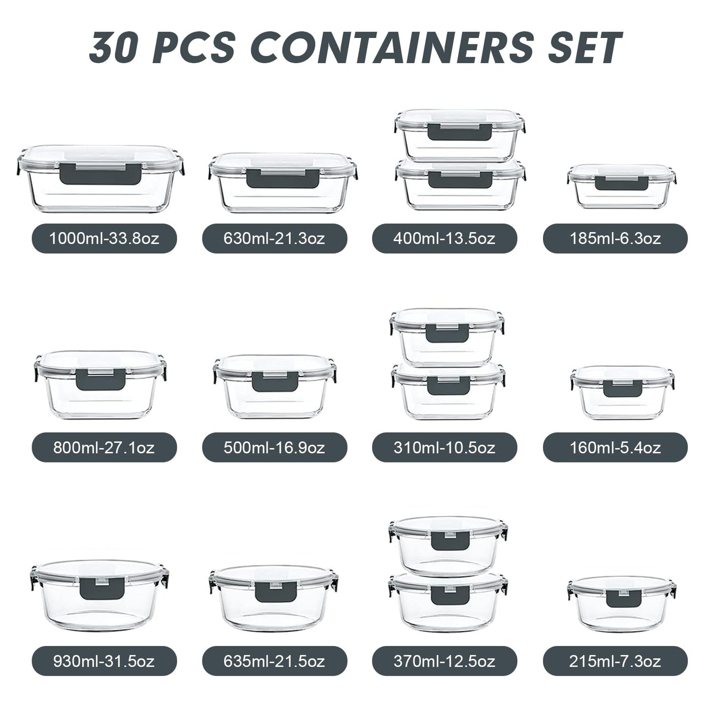 VERONES 30 Pieces Glass Meal Prep Containers Set, Stackable Glass Food Storage Containers with Lids-Airtight Glass Lunch Containers,for Microwave, Oven, Freezer & Dishwasher,Grey