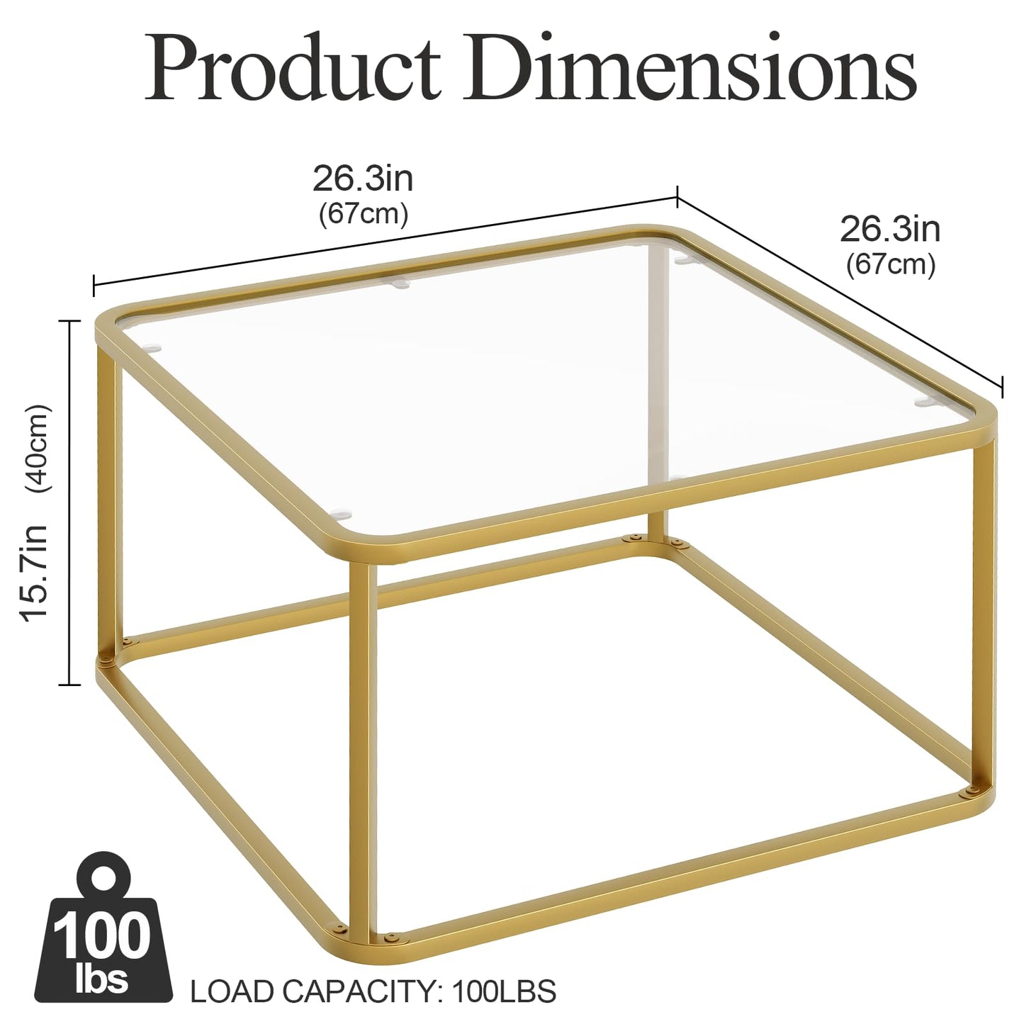 Coffee Table Glass, Minimalist Square Tables for Living Room, Modern Center Table for Office or Small Space, Tempered Glass, Sturdy Metal Frame, Easy Assembly, 26.4 x 26.4 x 15.7 Inches, Gold