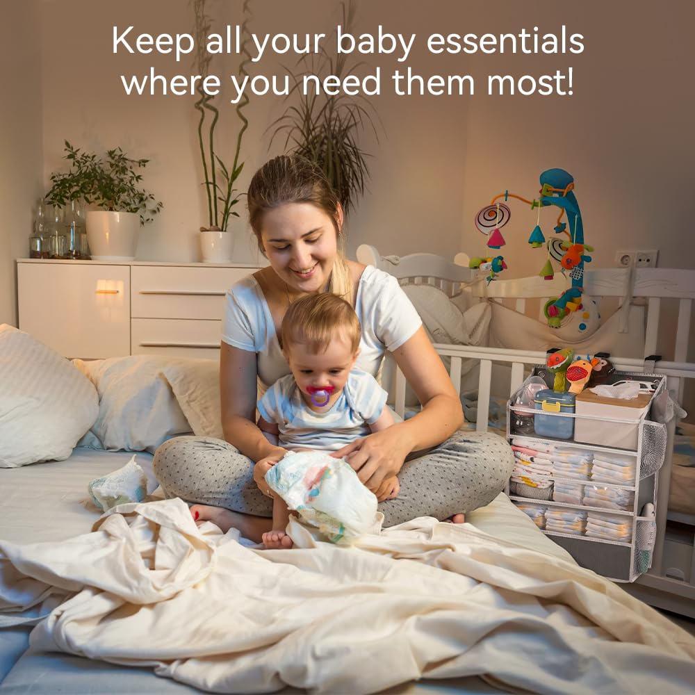 WishJazz XL Hanging Diaper Caddy Organizer for Changing Table, Crib, Playard, Wall & Door, Reinforced Diaper Stacker and Nursery Organizer-Hold 90+Diaper for Newborn Baby Essentials