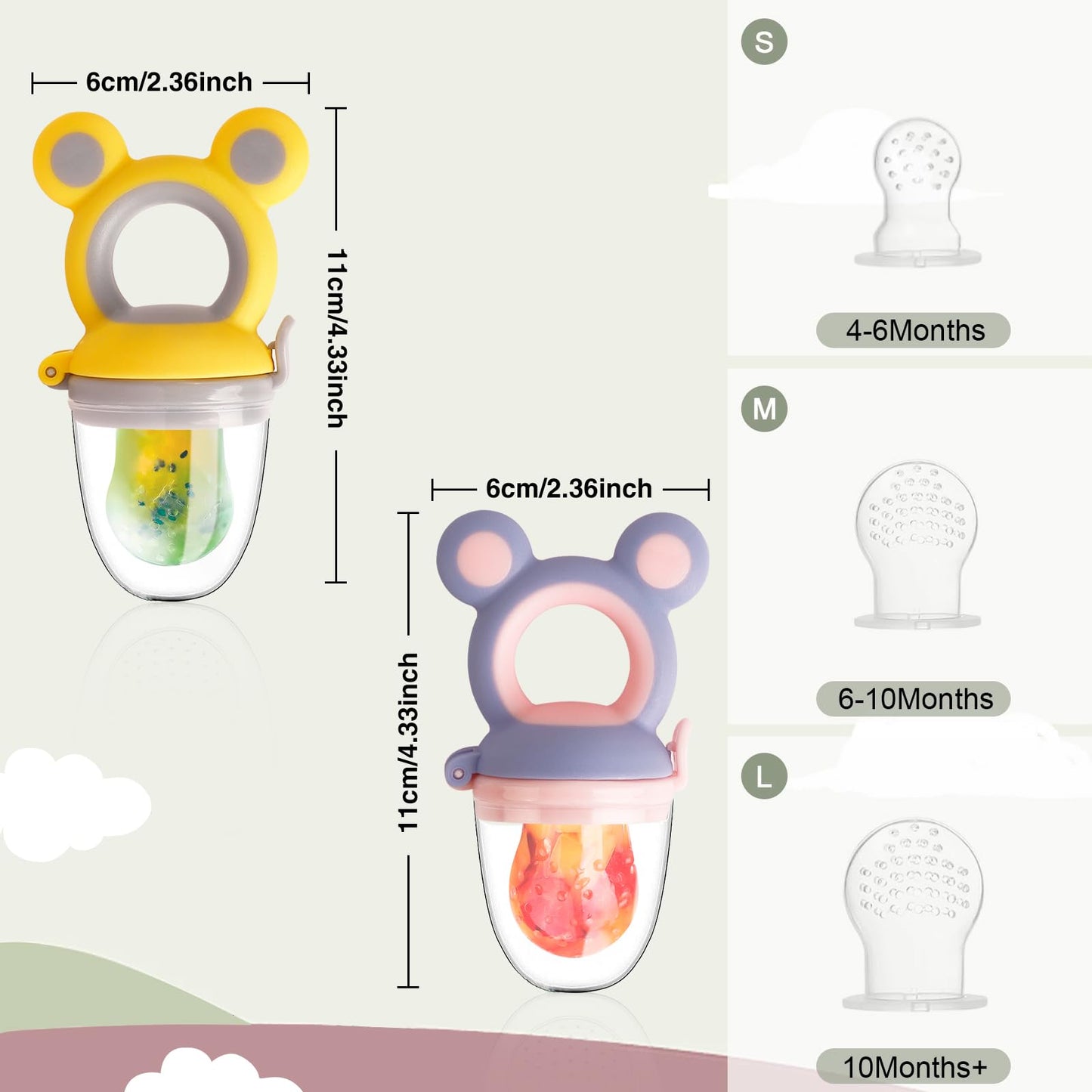 HAOBAOBEI Baby Solids/Frozen Fruit Feeder Pacifier, Infant Teether Toy 4M+, BPA-Free Silicone Pouch & Nipple, Safely Introduce Solids, Teething Relief, 2-Pack - Yellow/Purple (Mouse)