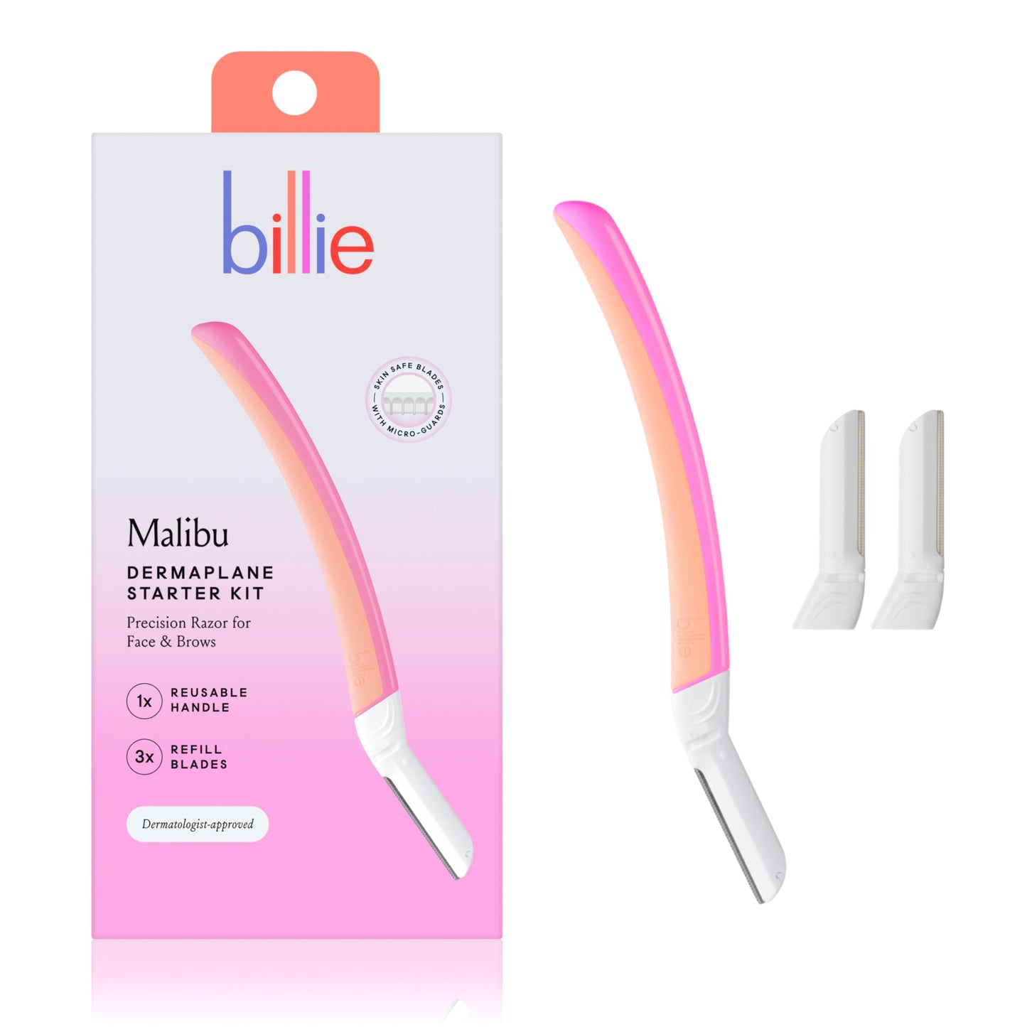 Billie - Dermaplane Starter Kit - Reusable Handle + 3 Refill Blades - Remove Facial Hair + Perfectly Shape Brows - Dermatologist-Approved - Malibu