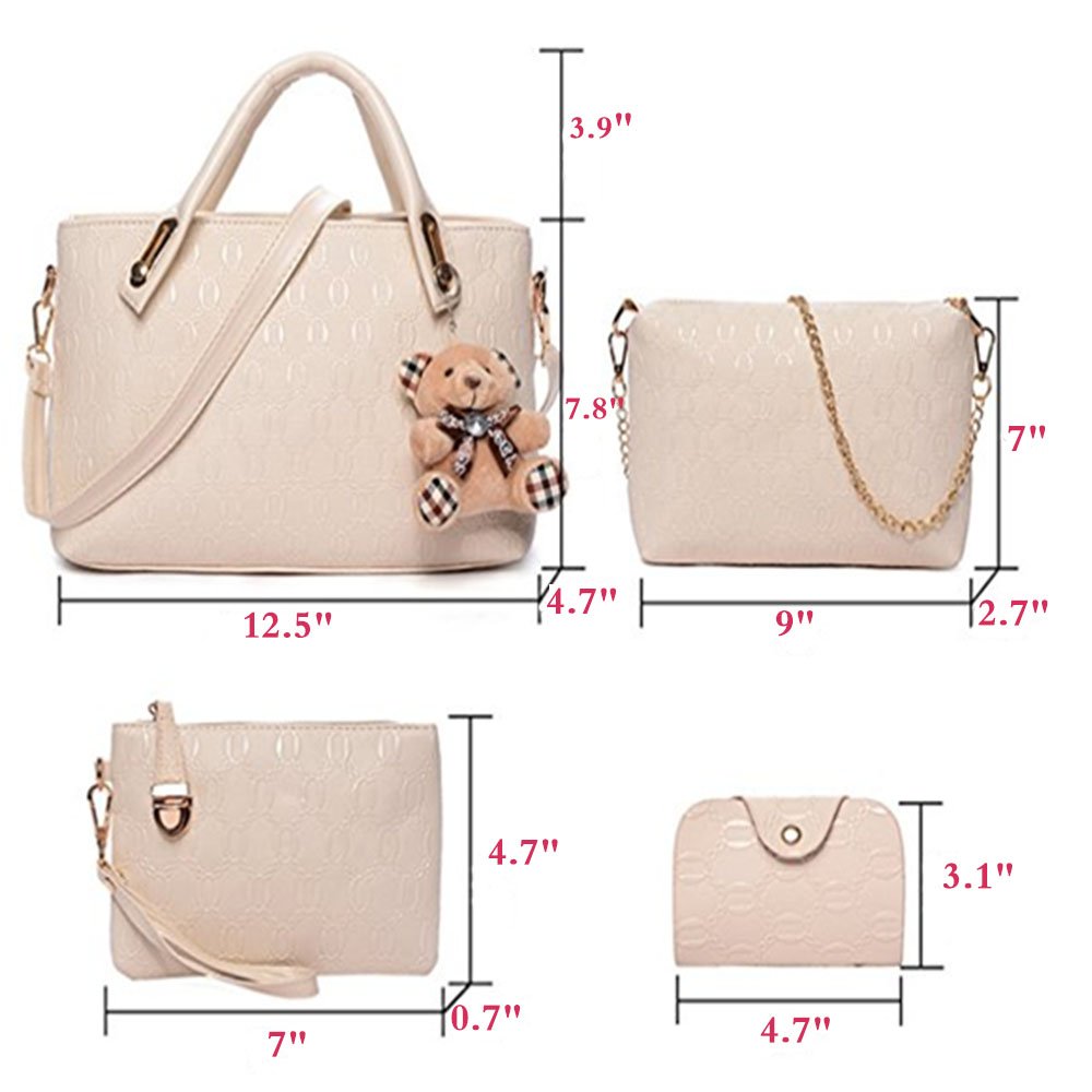 FiveloveTwo Women 4 Pcs Top Handle Satchel Hobo Handbag Set Large Tote +Purse +Shoulder Bag+Card Holder Beige