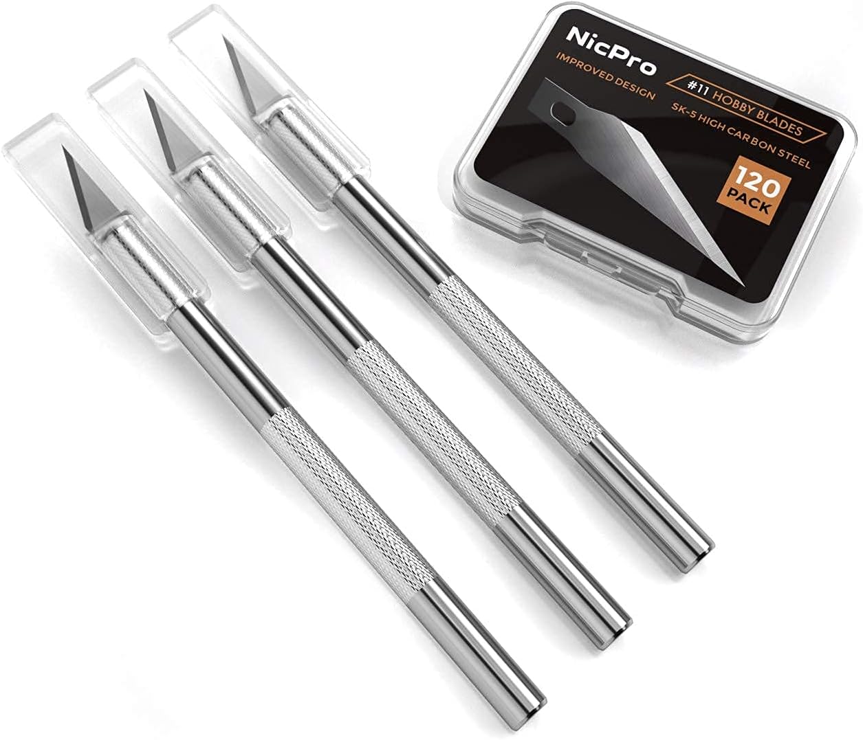 Nicpro 123 PCS Hobby Knife Set, 3 PCS Carving Craft Knife with 120 PCS SK-5 Utility #11 Art Blades Refill, Precision Cutter Craft Kit for Leather Art, Scrapbooking, Foam, Clay, Carving, Scalpel