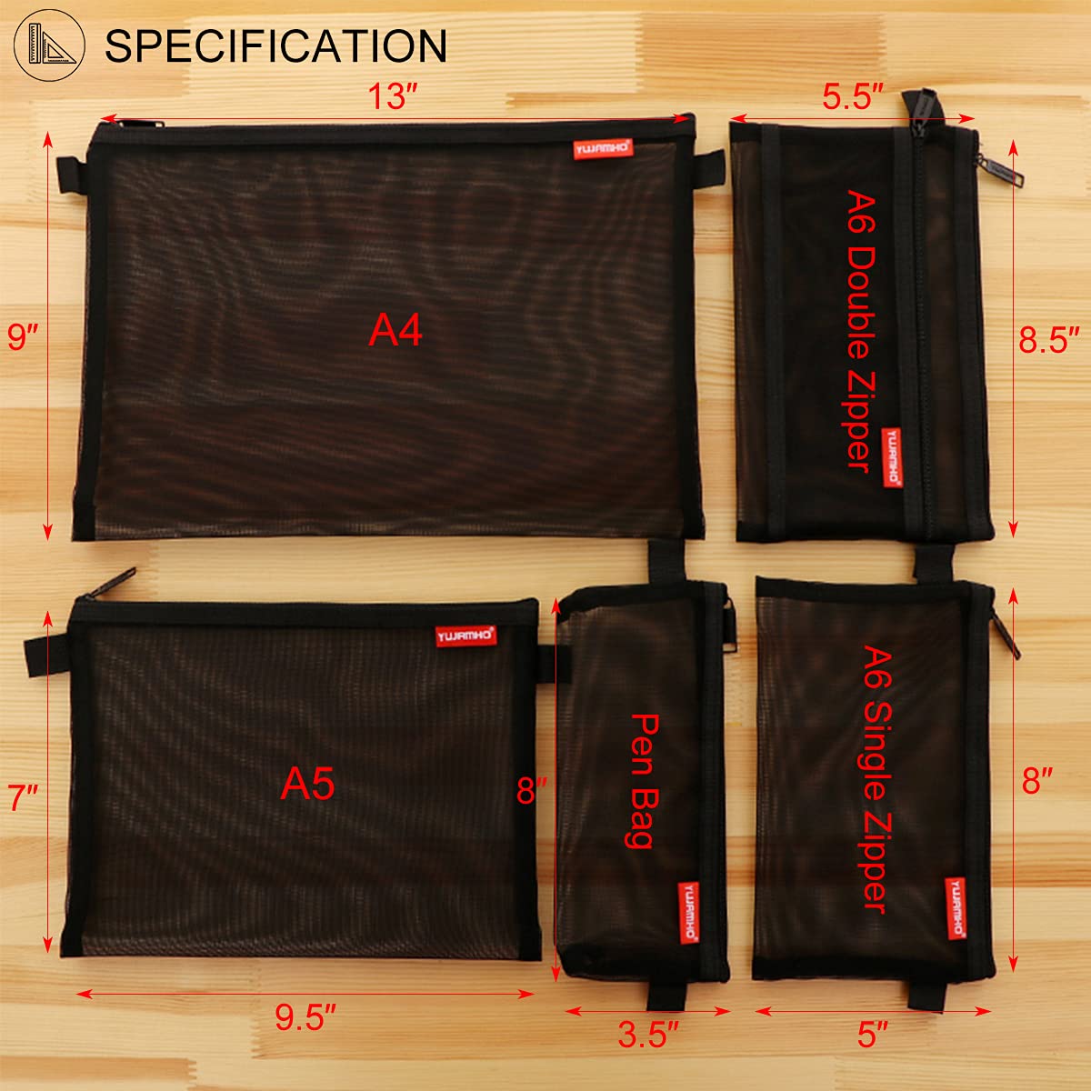 Pendancy Mesh Zipper Pouch 5pcs Lightweight Nylon File Folders Document Organizer Cosmetic Bags Accessories Storage for Travel and Office Supplies (Black, A4 A5 A6)