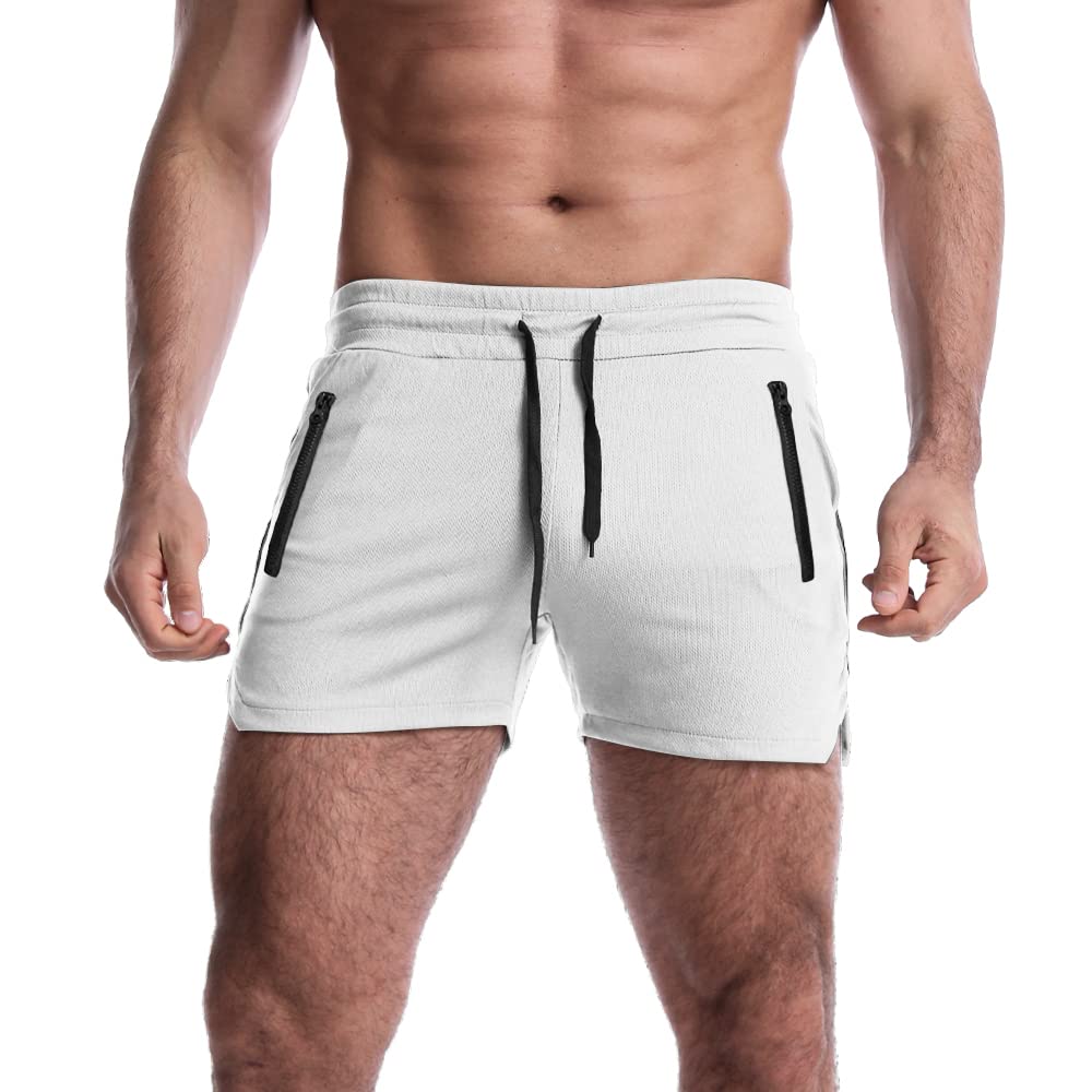 EVERWORTH Men's 3" Inseam Workout Shorts Quick Dry Gym Short Shorts Lightweight Athletic Shorts for Men with Liner and Zipper Pockets White US L