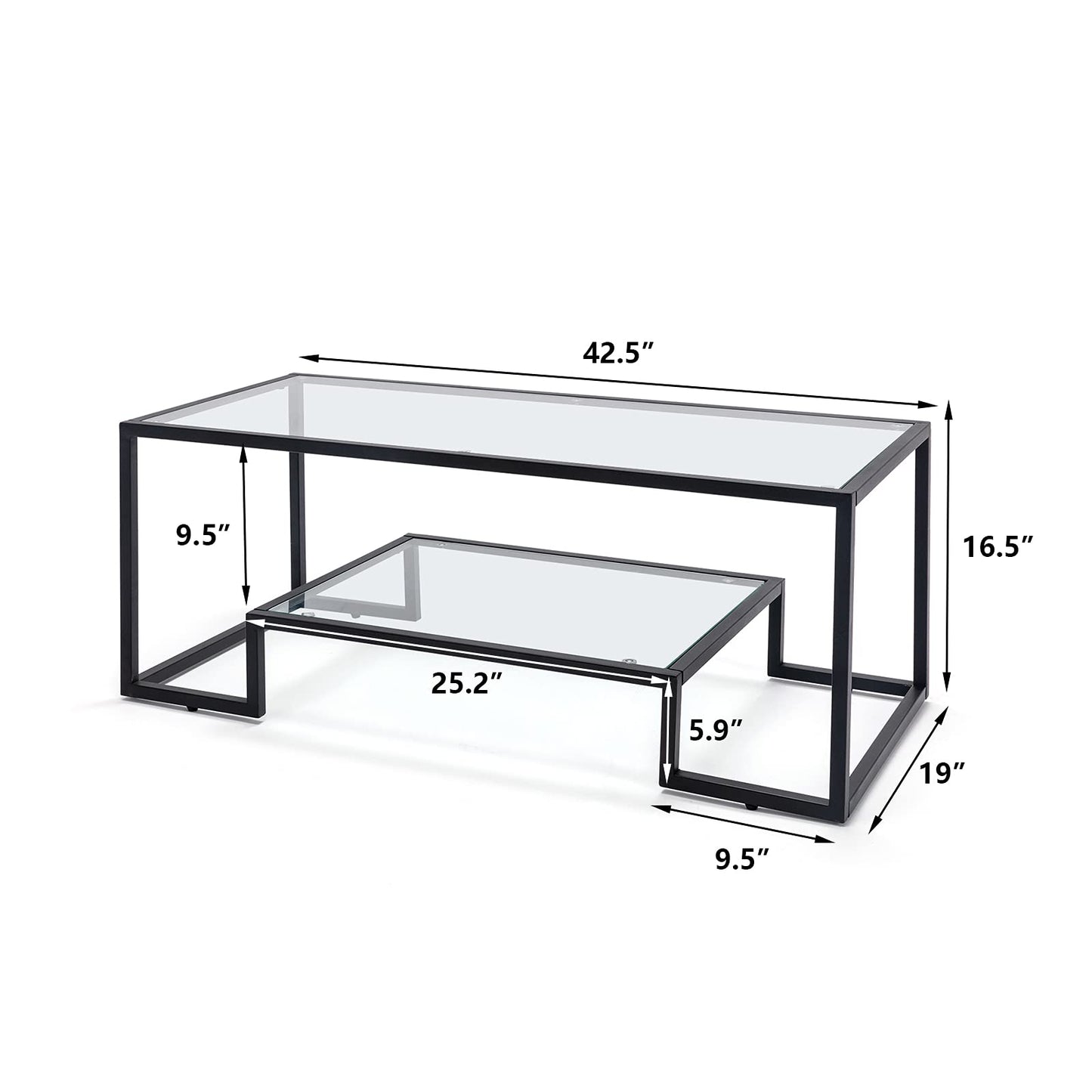 Metal Glass Coffee Table, Black Accent Modern Tempered Glass Side Table, Additional Storage Shelf, for Living Room Home Classy Furniture Office Decor