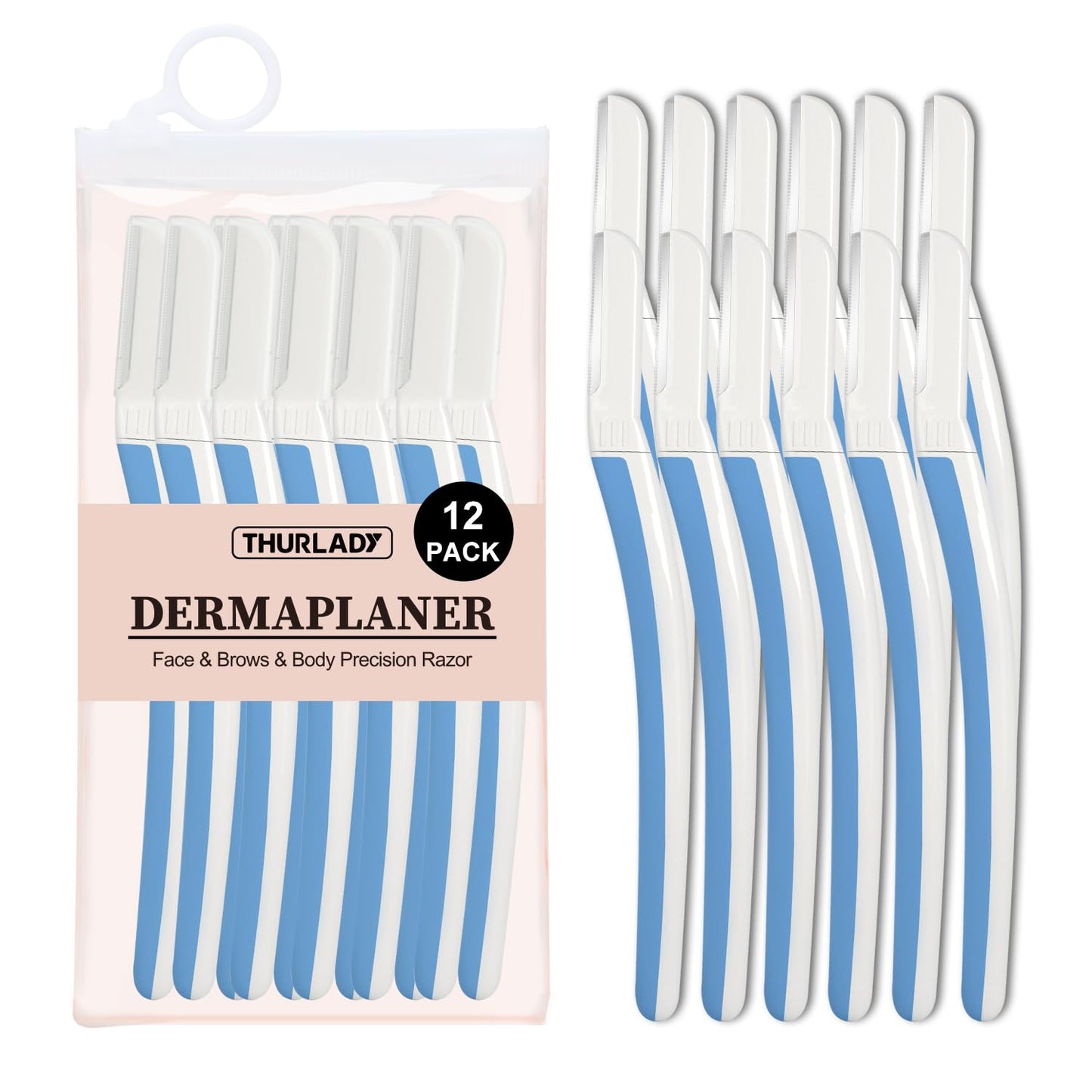 THURLADY Face Razors for Women Dermaplaning, Dermaplane Razor for Women Face, Eyebrow & Facial Razors, Peach Fuzz Remover, Gentle Exfoliating Microblades, for Sensitive Skin (Pack of 12, Aegean Frost)