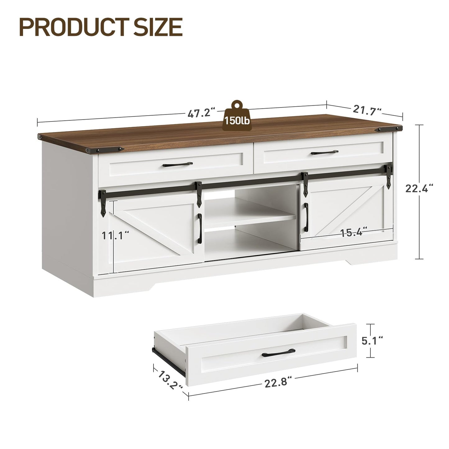 RALGEND 47" Farmhouse Coffee Table with Storage and Sliding Barn Doors, Large Rustic Center Table with 2 Drawers & Open Compartments, Wooden Coffee Table for Living Room, White and Walnut
