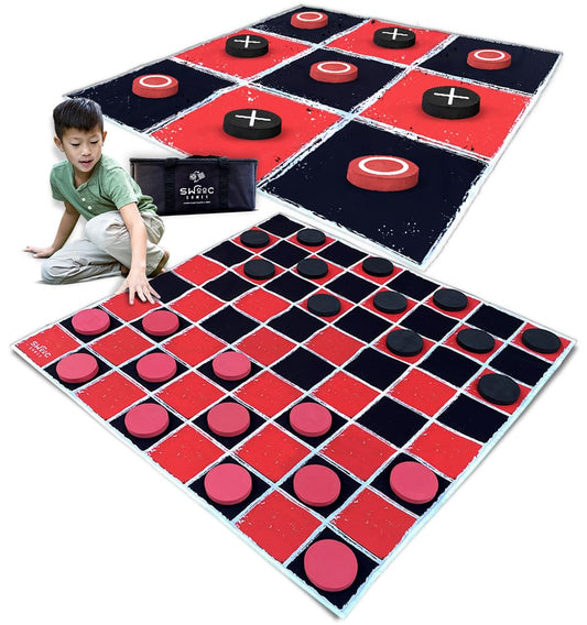 Swooc Games® - 2-in-1 Vintage Giant Checkers & Tic Tac Toe Game W/Mat (4ft x 4ft) - 100% Machine-Washable Canvas - Giant Outdoor Games for Kids - Yard Game for Kids - Jumbo Lawn Set - Large Checkers