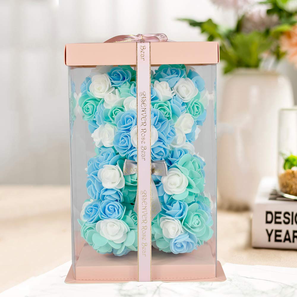 ASENVER Hand Made Artificial Flowers Rose Bear Pure Color for Valentine Birthday and Mother's Day with a 10" Pink Gift Box (Grey Bow-Tricolor Flower)