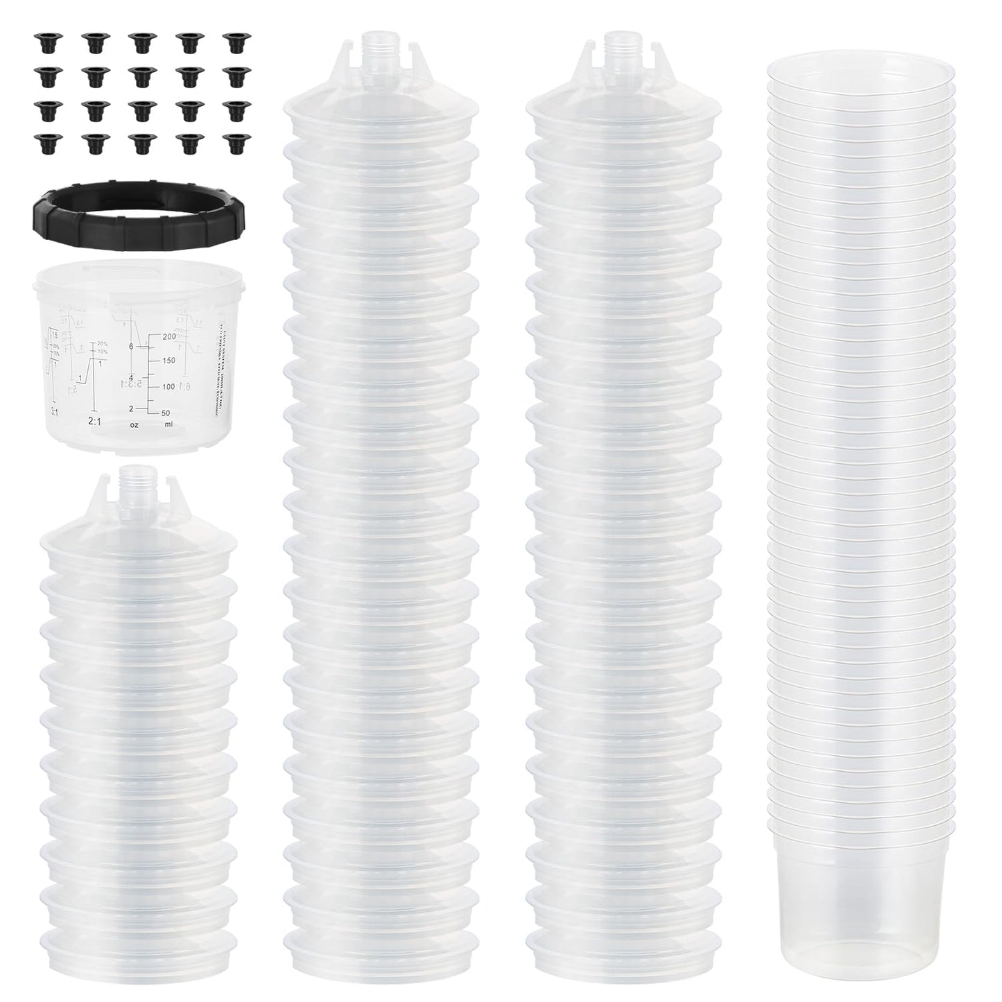 ROADGIVE Disposable Paint Spary Gun Cups(200ML/6.7OZ), Spray Paint Cup Kit with 50 Cup Liners, 50 Lids, 20 Sealing Plugs, 1 Retainer Ring, 1 Hard Cup for Automotive Paint Gun